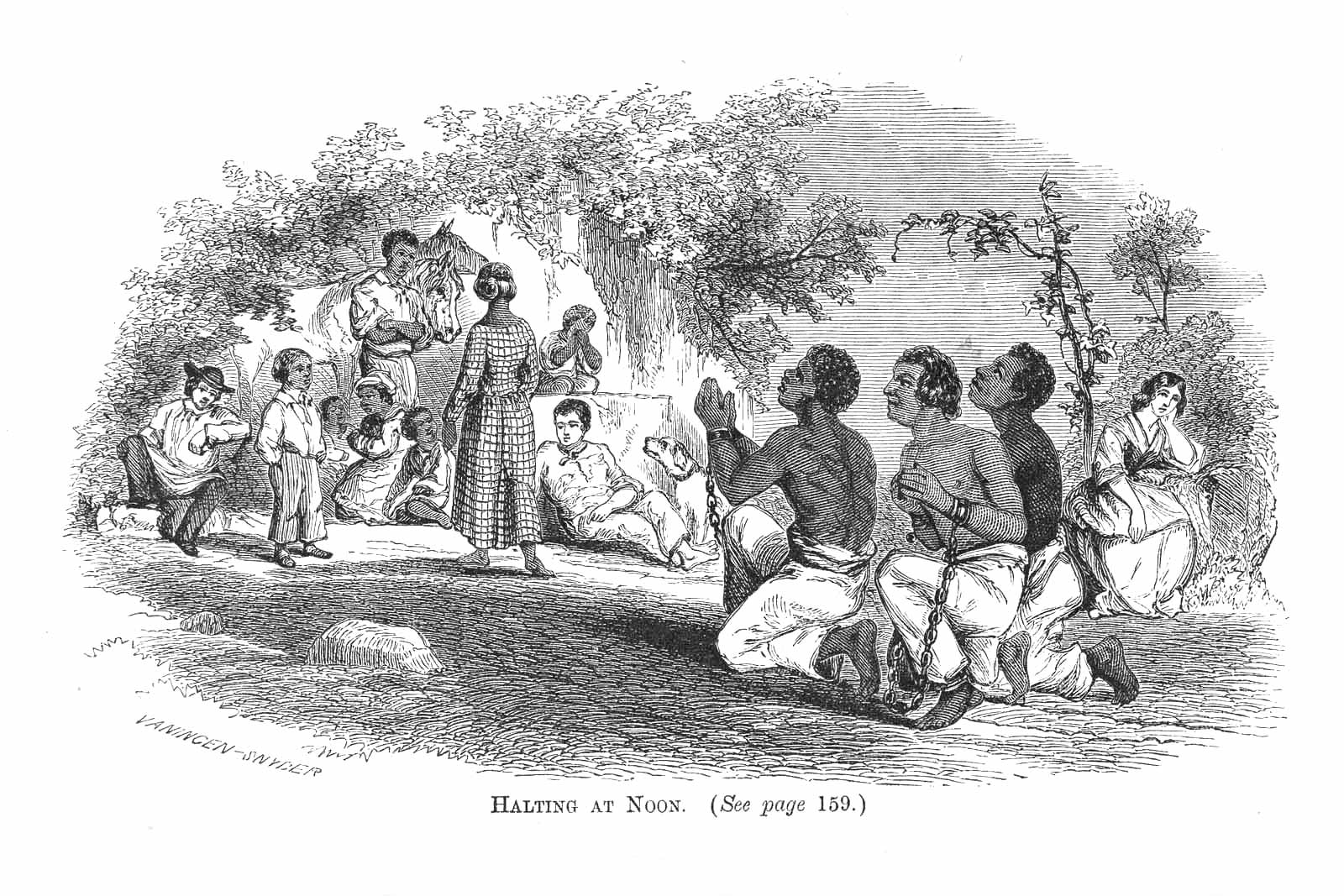 "Halting at Noon," a wood engraving showing a slave drive through Virginia in the early nineteenth century, 1864