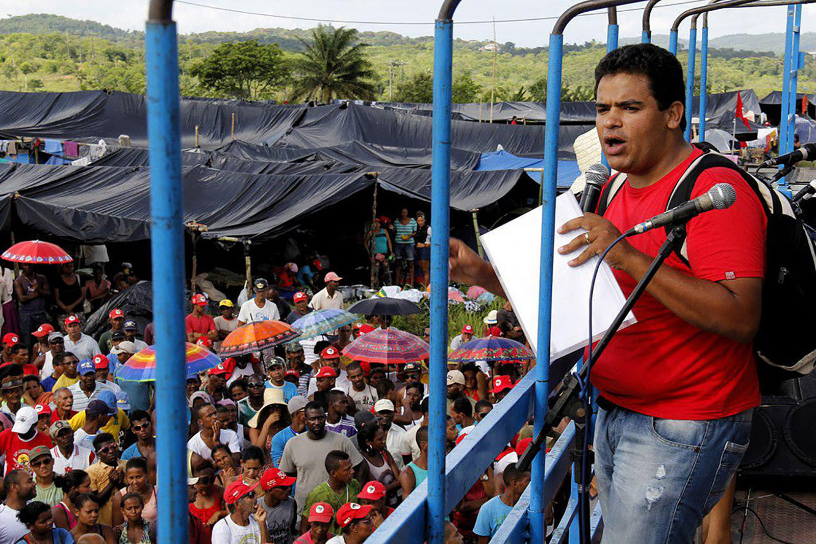 MST activist Márcio Matos addressing a rally at a landless settlement in Bahia state, Brazil
