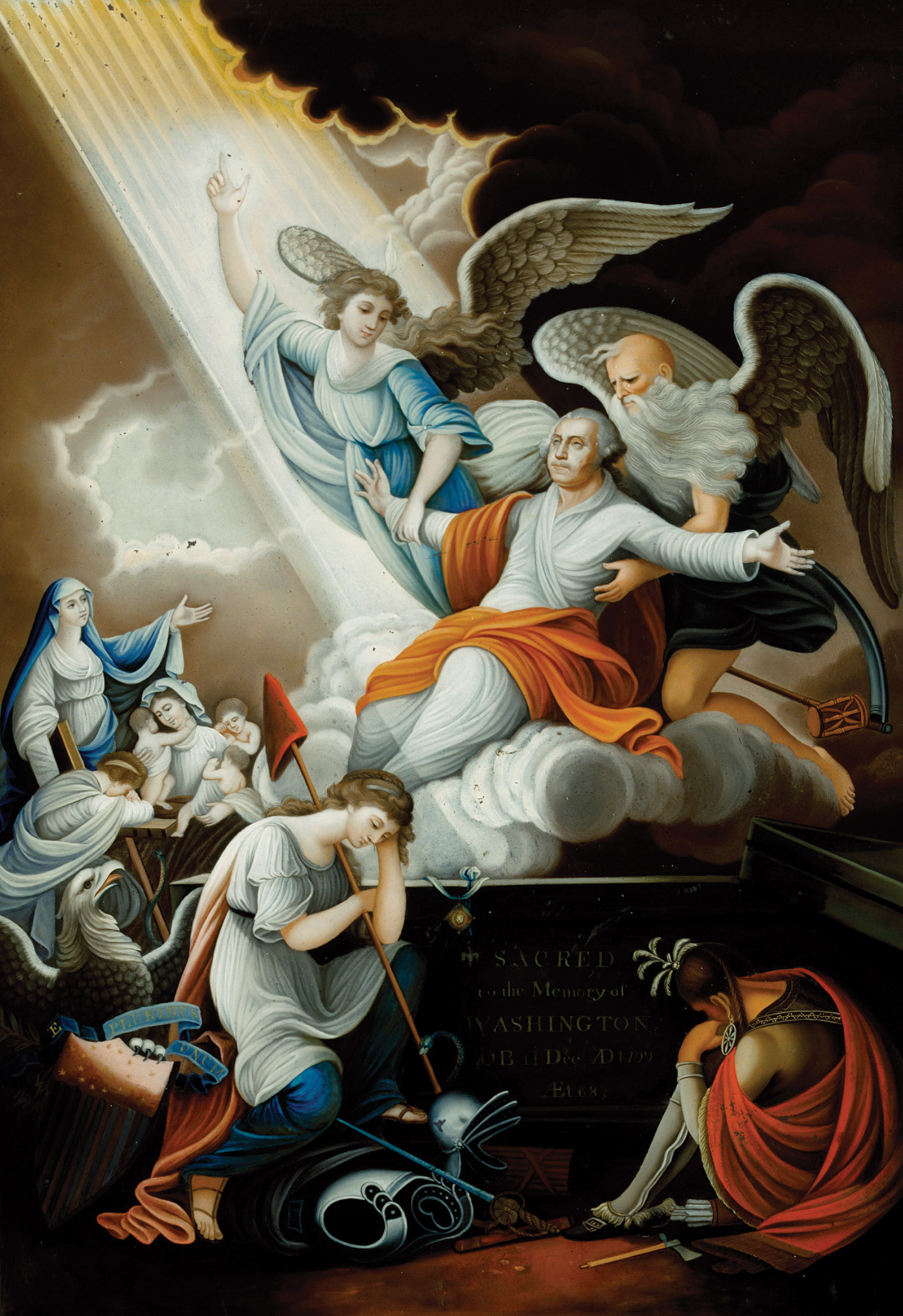 John James Barralet: Apotheosis of Washington, showing Lady Liberty and an Indian figure mourning as George Washington ascends to heaven, circa 1802