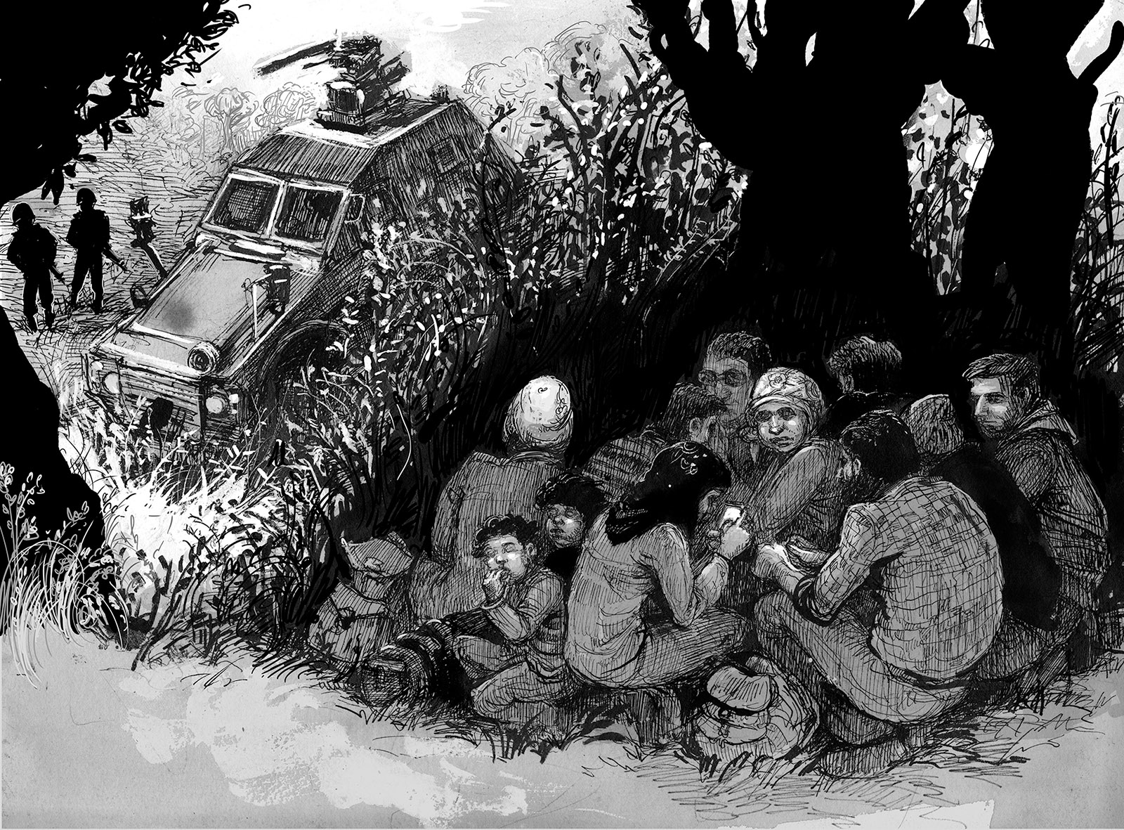 Syrian refugees hiding from Turkish border guards near Afrin, northern Syria, June 2015; illustration from Marwan Hisham and Molly Crabapple’s Brothers of the Gun