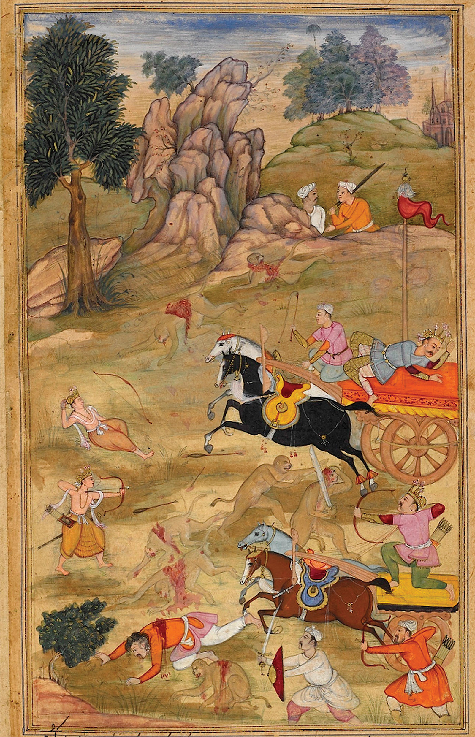 ‘Kusa and Lava defeating Bharata, Lakshmana, and the monkey army’; from the Razmnamah, a Persian translation of the Mahabharata, 1598