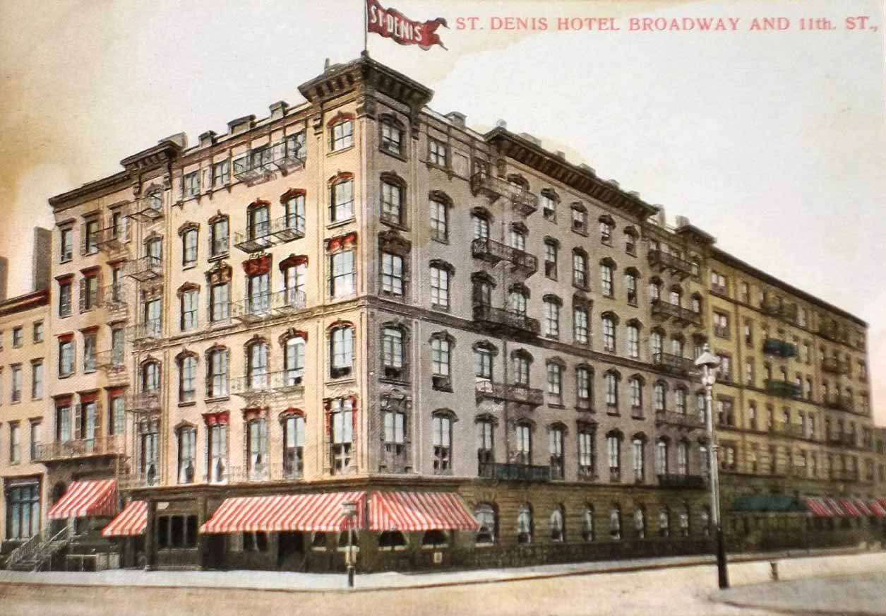 A postcard showing the St. Denis Hotel at Broadway and 11th Street, New York City, circa 1908