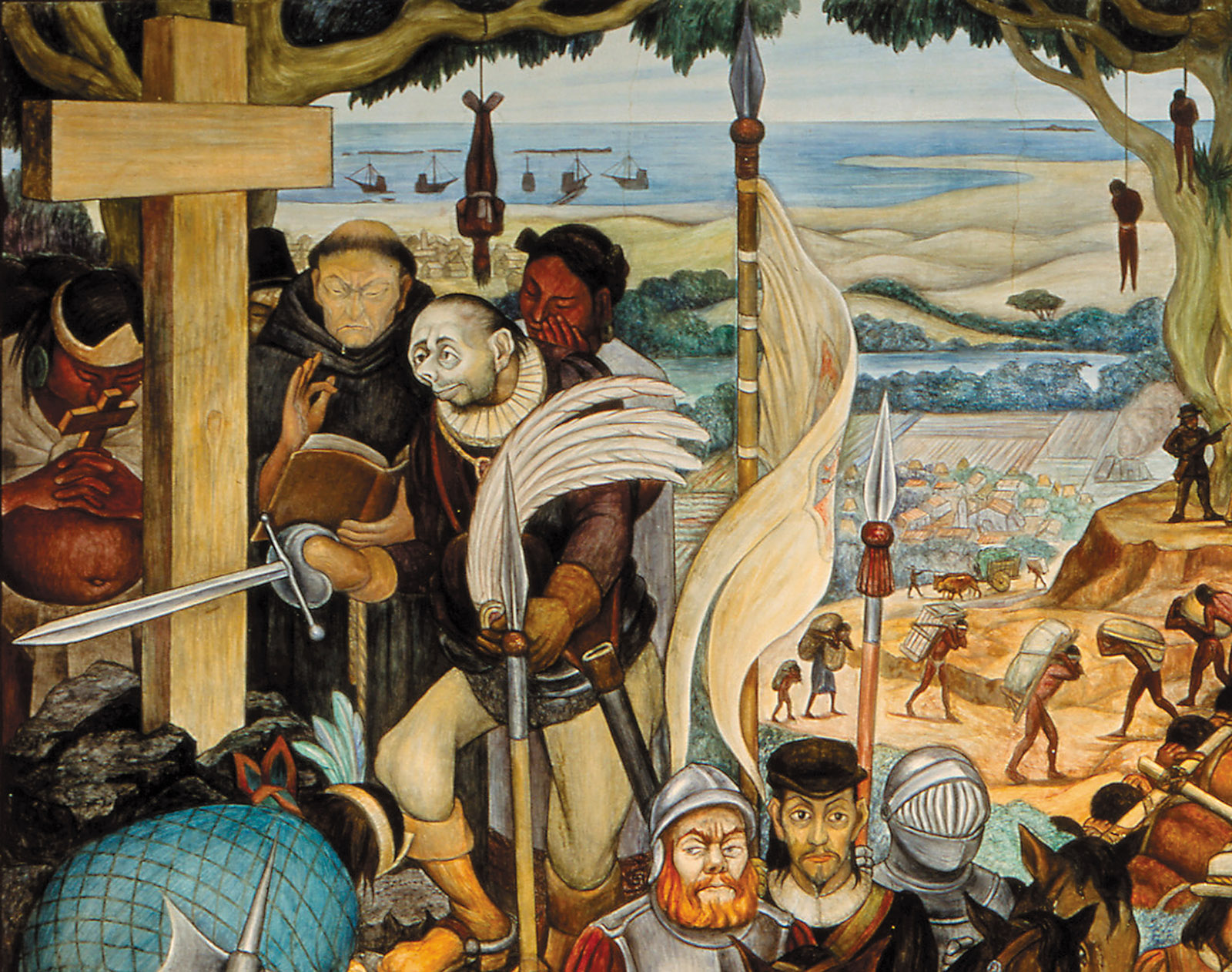 Detail of Diego Rivera’s Disembarkation of the Spanish at Veracruz>, showing Hernán Cortés as a hunchback, 1951