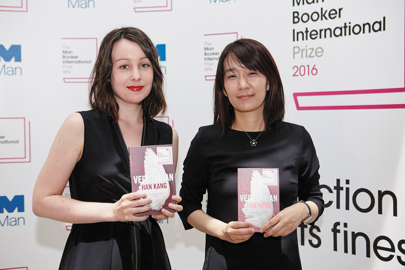 Han Kang (right), author of The Vegetarian, and her translator, Deborah Smith, joint winners of the Man Booker International Prize, London, May 2016