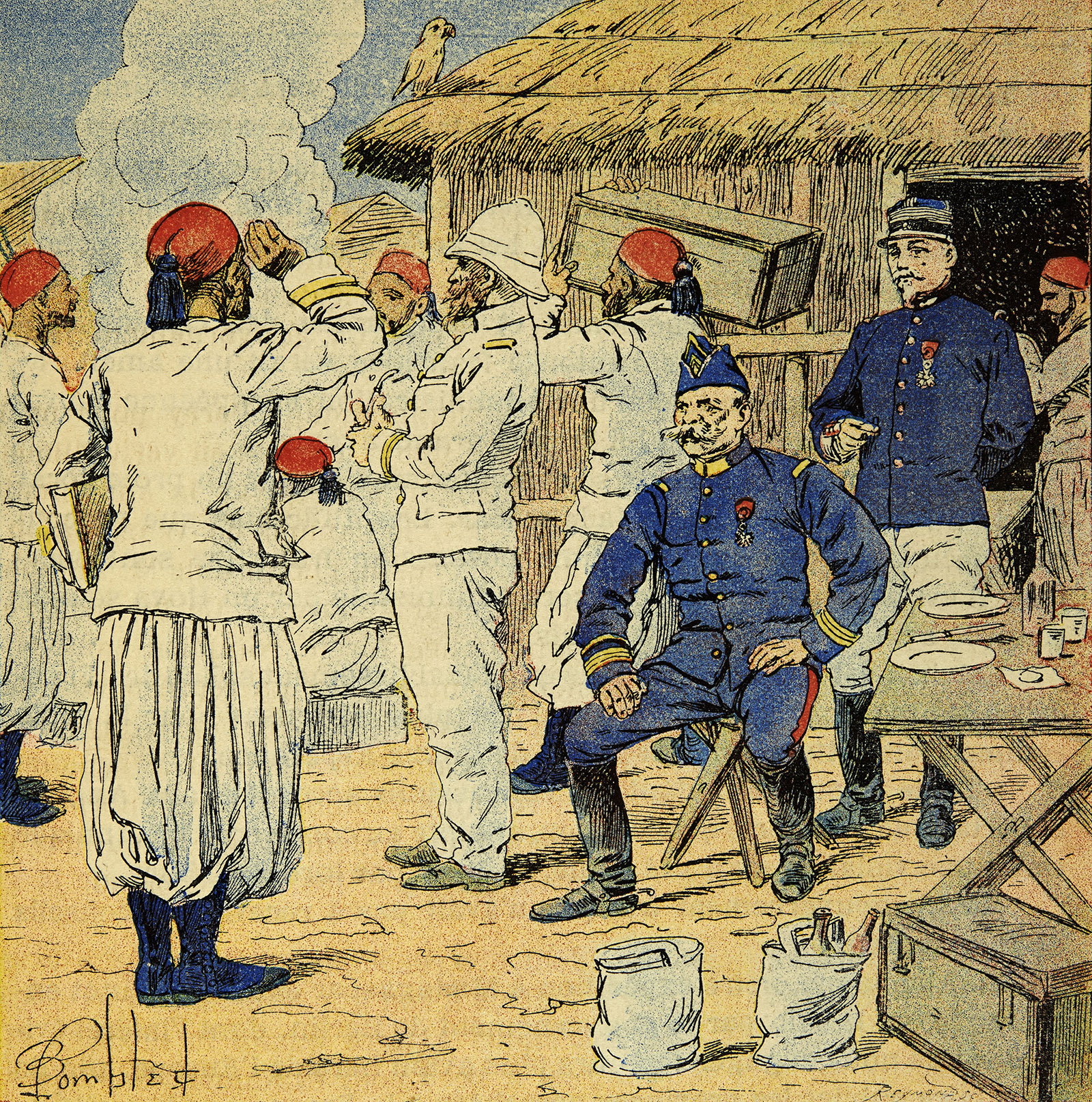Book illustration by Louis Bombled showing the Algerian regiment’s quarters during the French campaign in Madagascar, 1895