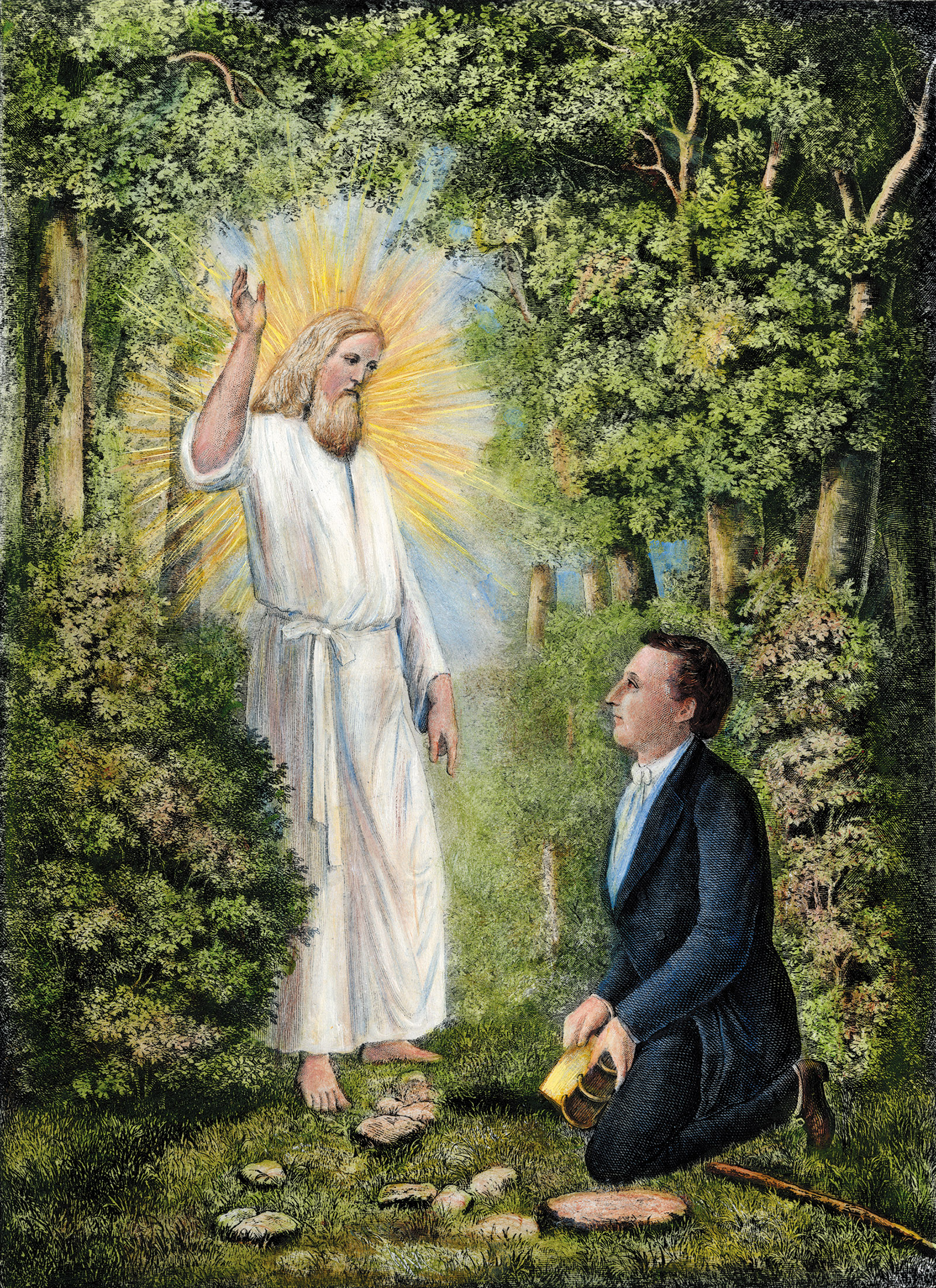 A lithograph depicting the angel Moroni delivering the golden plates of the Book of Mormon to Joseph Smith in western New York, 1827