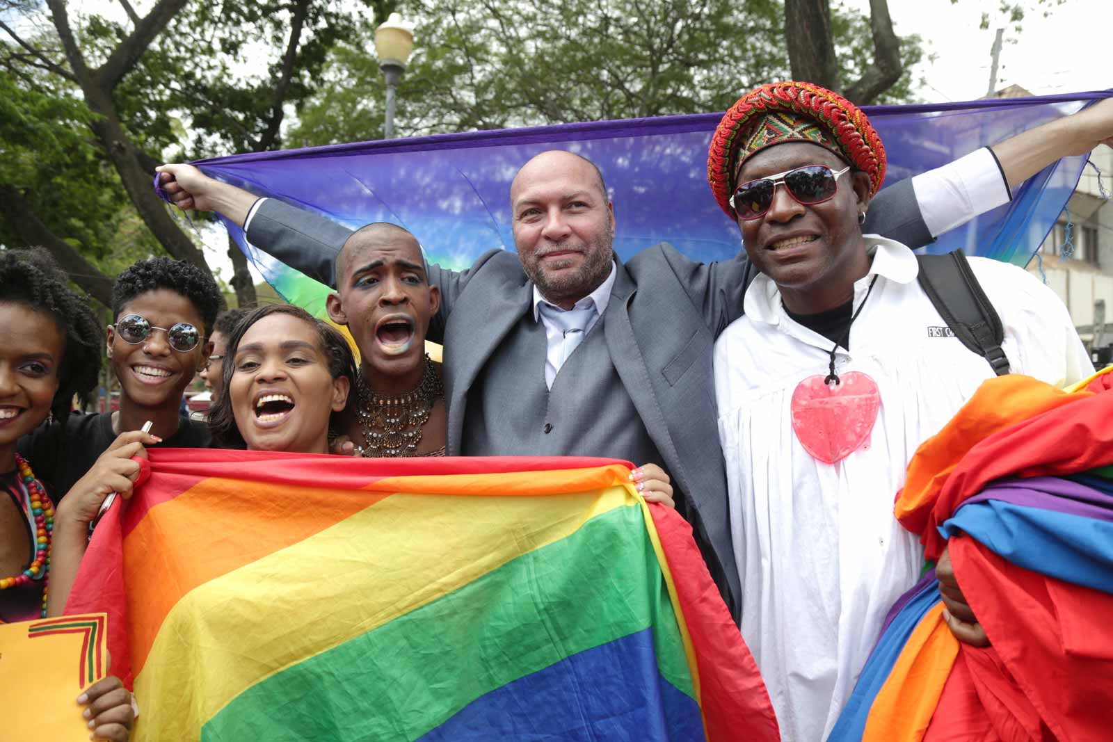 Activist Jason Jones celebrating with others after Trinidad and Tobago's High Court ruled against the country's anti-homosexual laws, outside the Hall of Justice, Port-of-Spain, Trinidad and Tobago, April 12, 2018