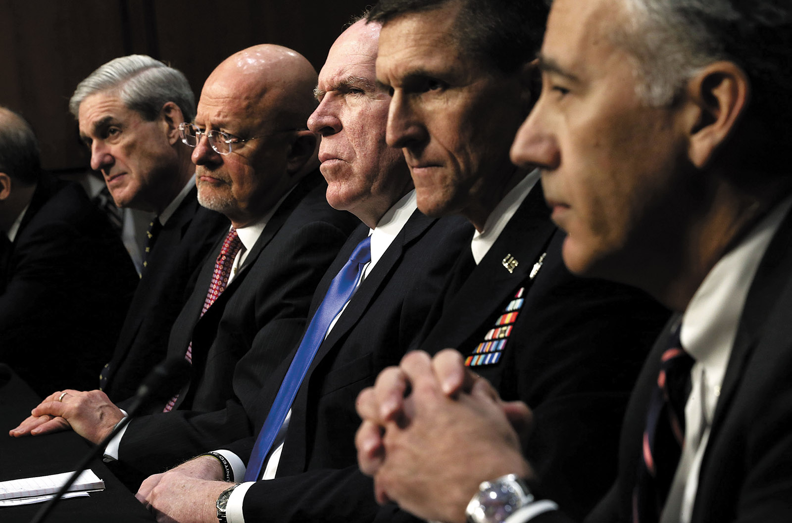 Robert Mueller, James Clapper, John Brennan, Michael Flynn, and Philip Goldberg at a Senate Intelligence Committee hearing, Washington, D.C., March 2013
