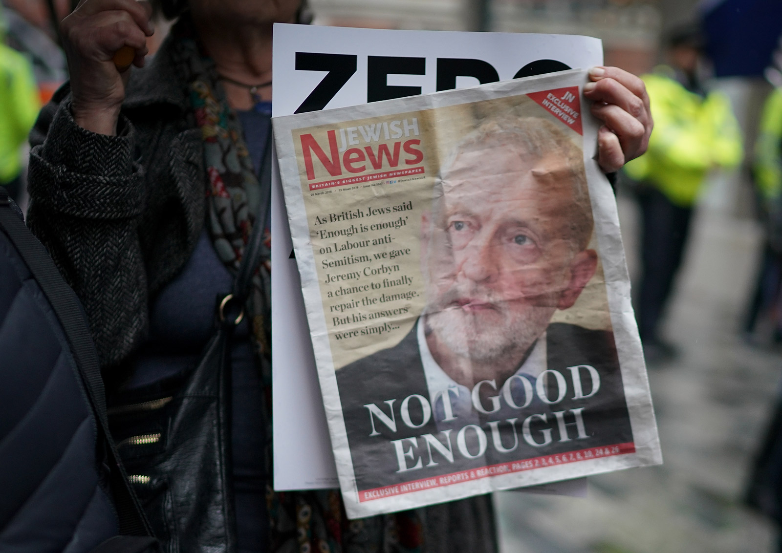 A Campaign Against Antisemitism protester outside the Labour Party headquarters, London, April 8, 2018