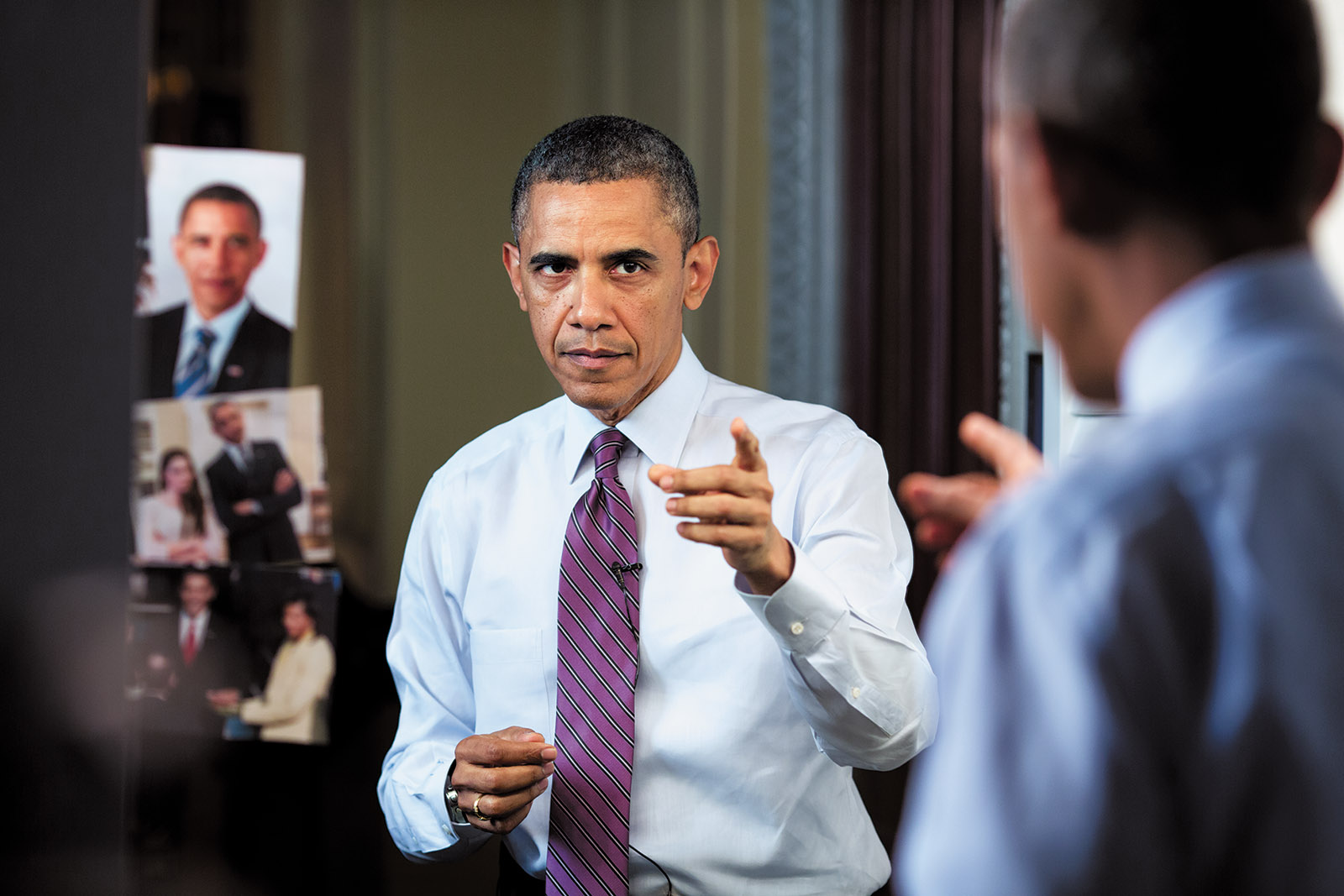 President Obama during taping for the White House Correspondents’ Dinner, April 2013; photograph by Pete Souza from his book Shade: A Tale of Two Presidents, to be published by Little, Brown in October