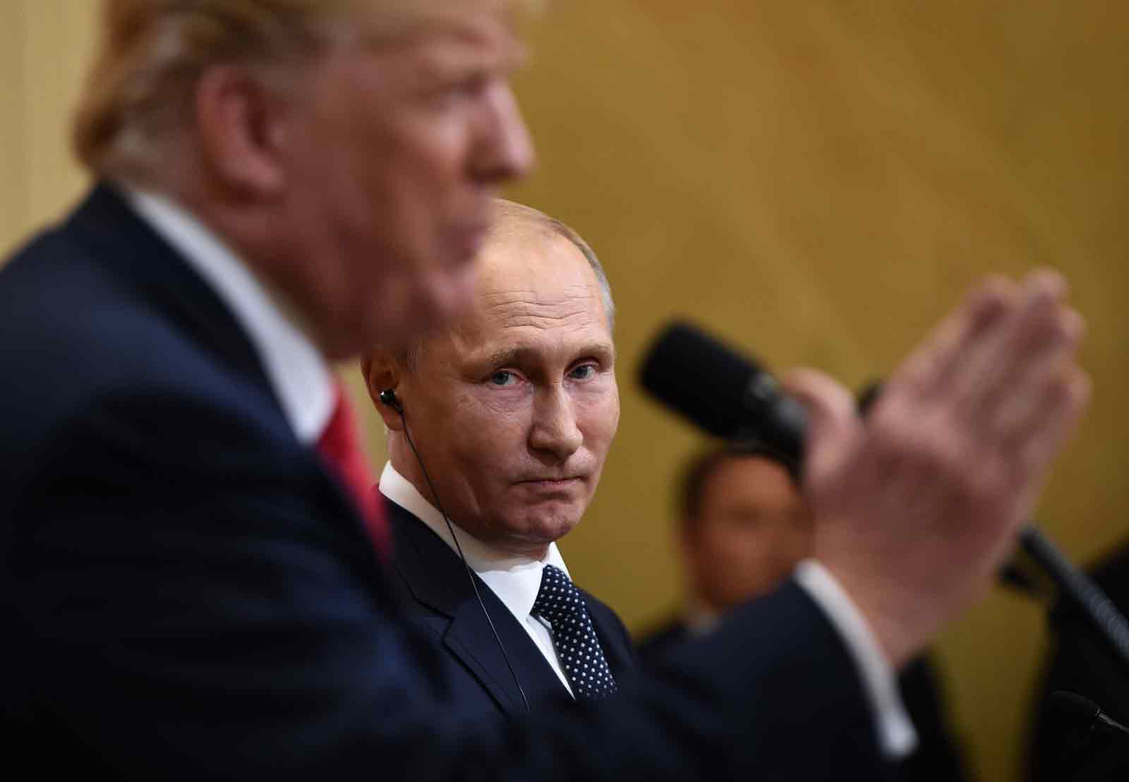 US President Donald Trump and Russian President Vladimir Putin at the Presidential Palace during the Helsinki Summit, Finland, July 16, 2018