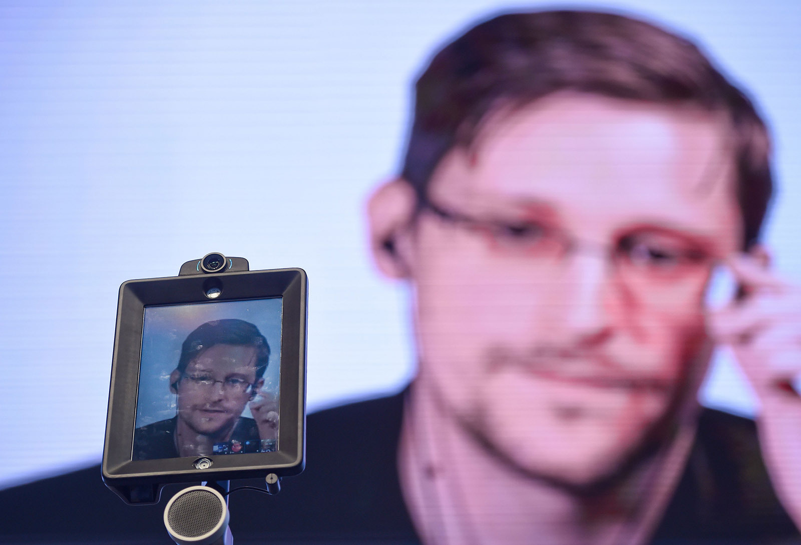 Former NSA contractor Edward Snowden delivering a speech by video-link from Russia to a conference in Lisbon, Portugal, May 30, 2017