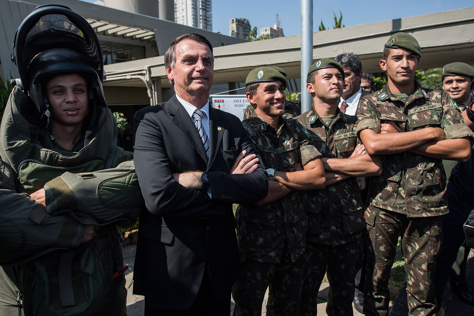 Former army captain and far-right frontrunner for the Brazilian presidency Jair Bolsonaro posing with soldiers, São Paulo, May 3, 2018