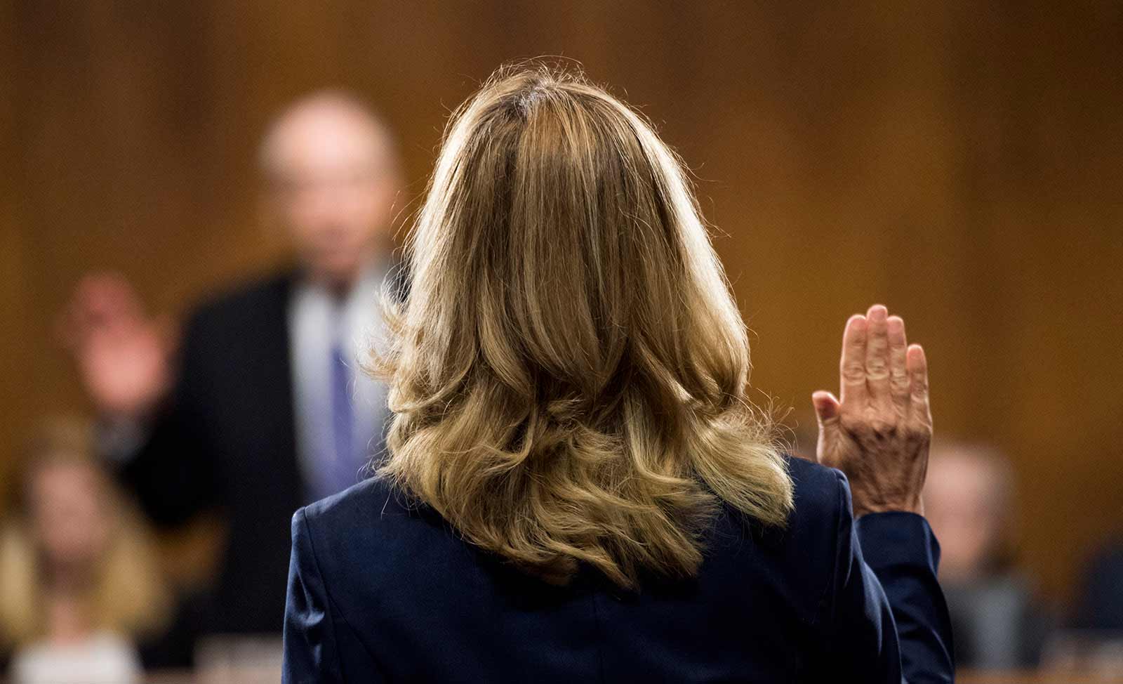Dr. Christine Blasey Ford being sworn in before testifying during a Senate Judiciary Committee hearing regarding Brett Kavanaugh's Supreme Court nomination, Capitol Hill, Washington, D.C., September 27, 2018