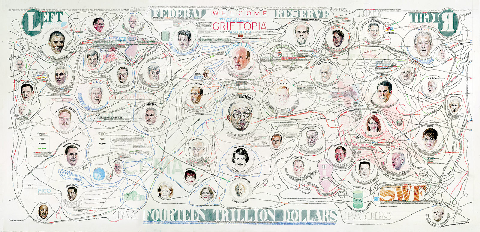 William Powhida: Griftopia, 2011; a ten-foot-wide ‘visual translation’ of the 2008 financial crisis based on Matt Taibbi’s 2010 book of the same title