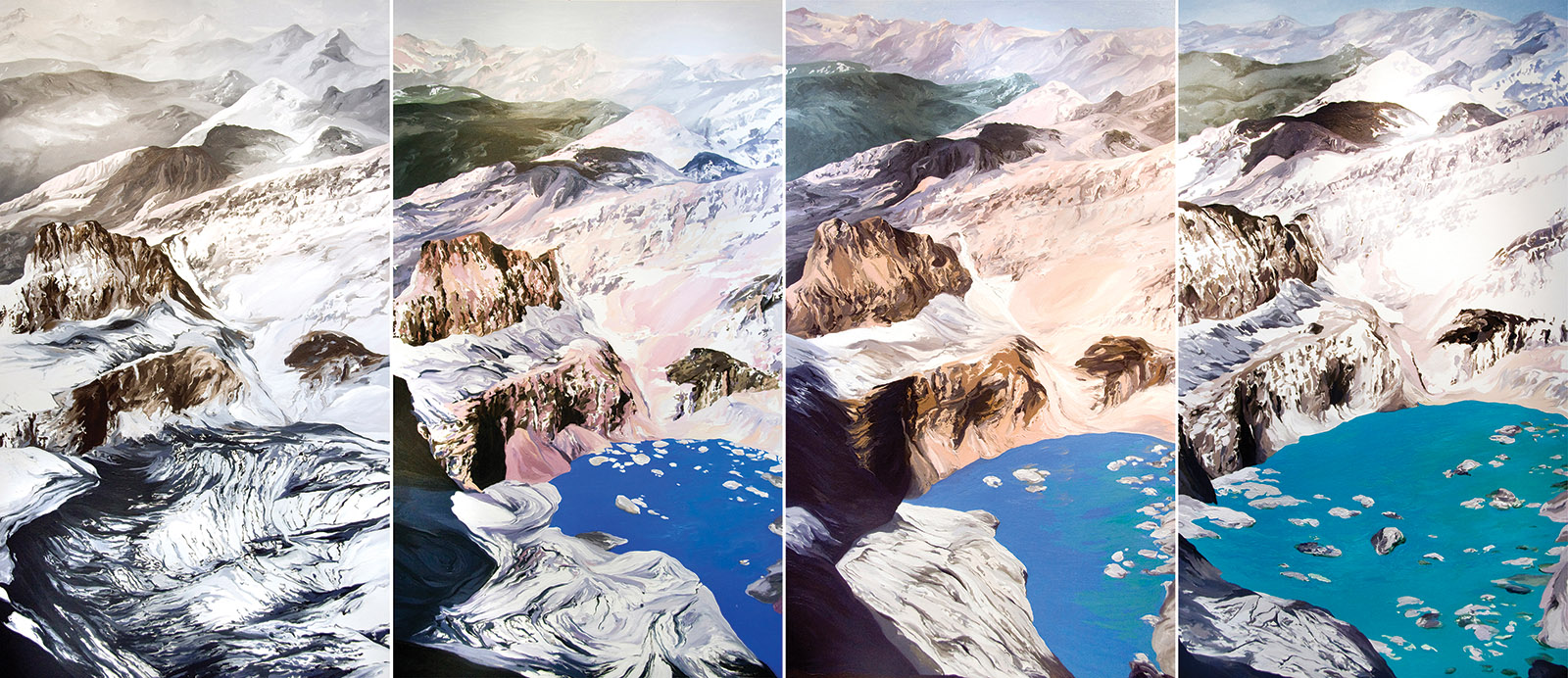 Diane Burko: Grinnell Mt. Gould #1, #2, #3, #4, 2009; based on USGS photos of Grinnell Glacier at Glacier National Park, Montana, between 1938 and 2006. Burko’s work is on view in ‘Endangered: From Glaciers to Reefs,’ at the National Academy of Sciences, Washington, D.C., until January 31, 2019. The accompanying book is published by KMW Studio.