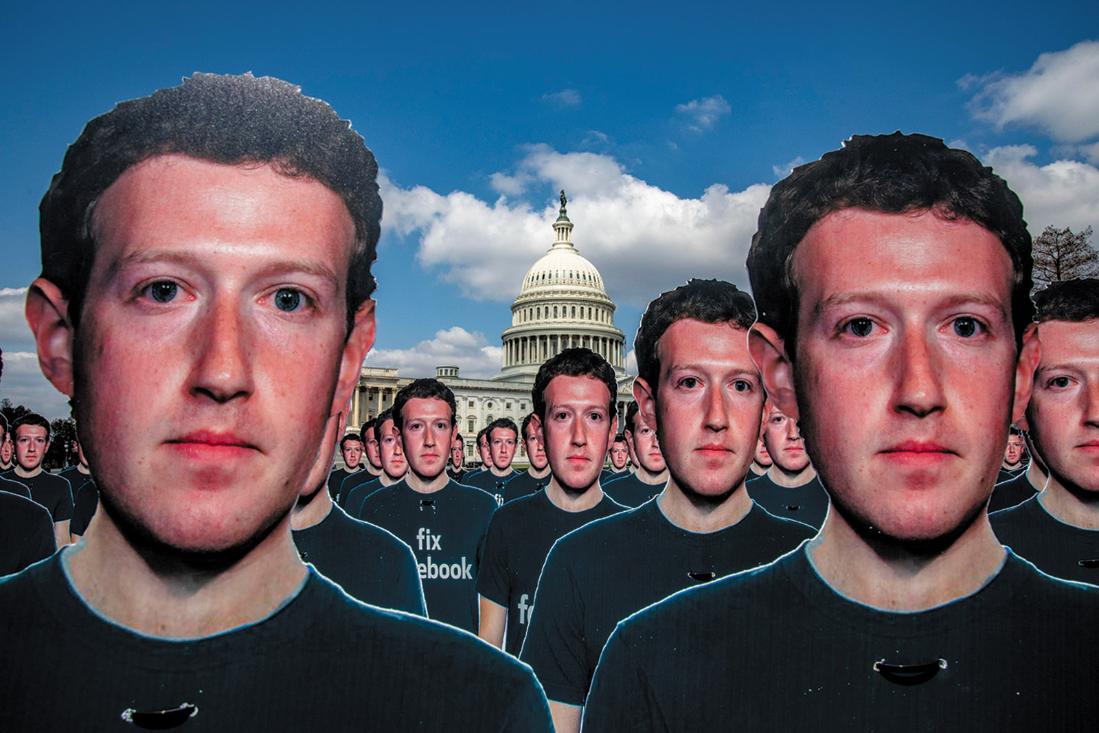 Cardboard cutouts of Mark Zuckerberg placed outside the Capitol to protest the spread of disinformation on Facebook, Washington, D.C., April 2018