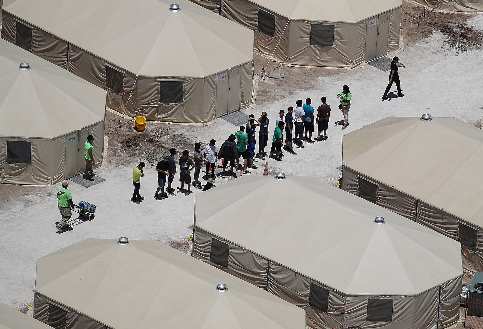 Children and staff at the Trump administration’s tent facility for detaining migrant children separated from their parents, Tornillo, Texas, June 19, 2018
