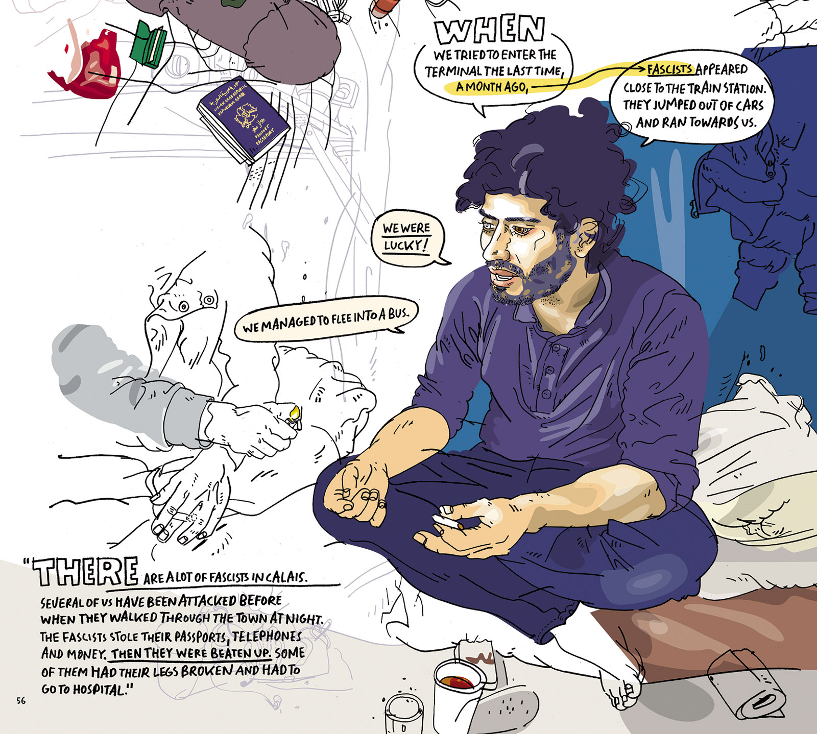 A detail from a page of Olivier Kugler’s Escaping Wars and Waves: Encounters with Syrian Refugees, showing a Syrian refugee in the Calais Jungle camp in France