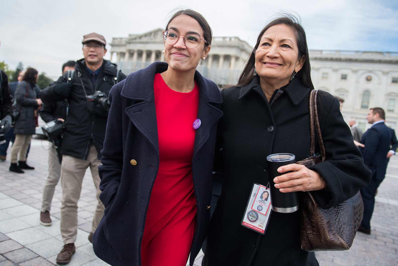 Newly elected members of the House of Representatives Alexandria Ocasio-Cortez (NY) and Deb Haaland (NM) after the congressional freshman class photo, the Capitol, Washington, D.C., November 14, 2018