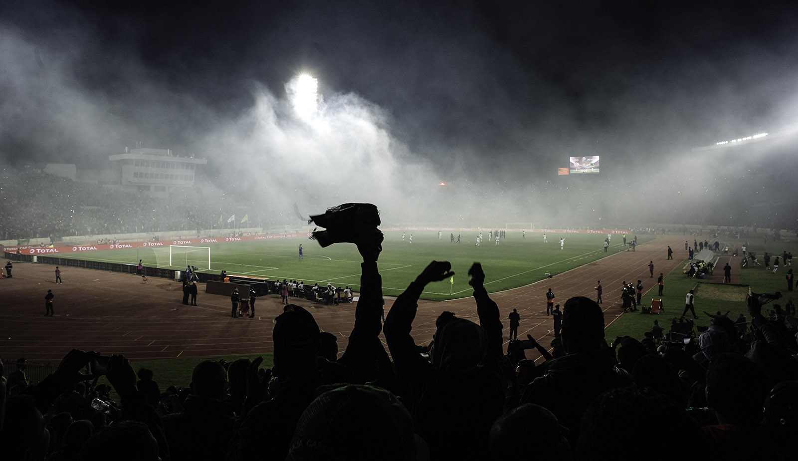 The “ultra” fans of Raja Casablanca lighting torches at a game in the Mohammed V stadium, Morocco, November 25, 2018