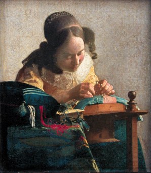 Johannes Vermeer: The Lacemaker, 9 5/8 x 8 1/4 inches, circa 1669–1670