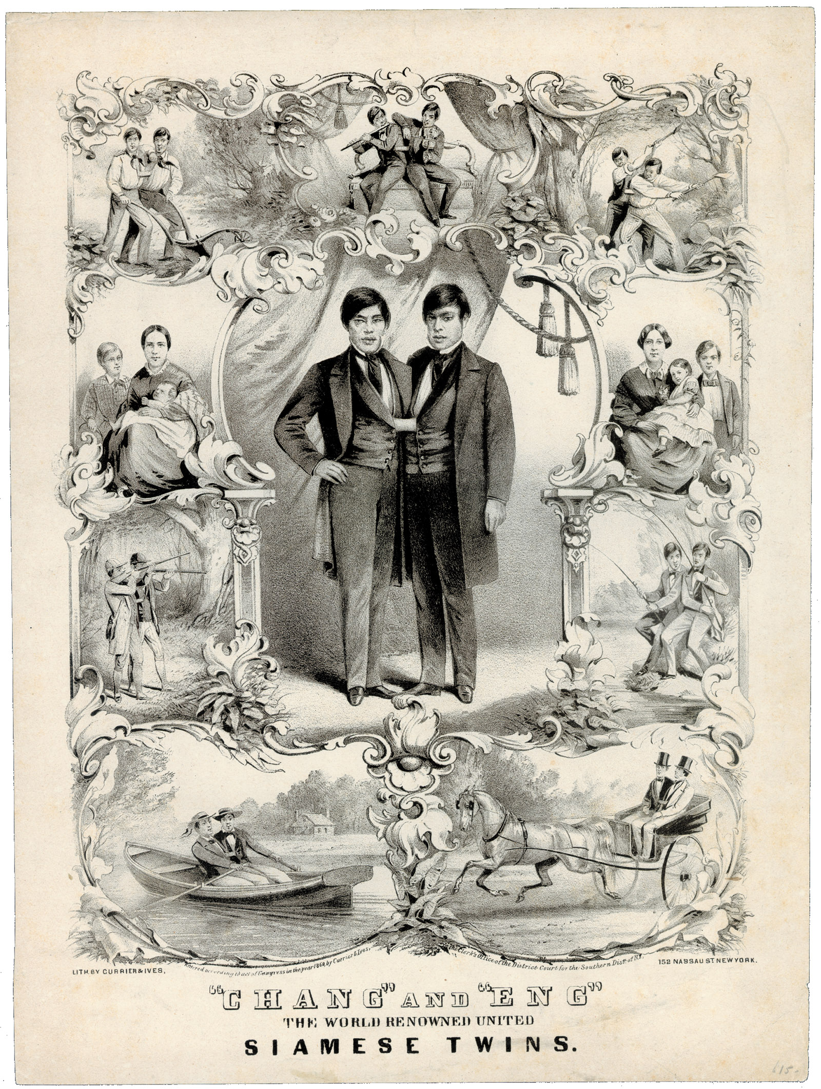A lithograph of the Siamese twins Chang and Eng, along with their wives and children, 1860