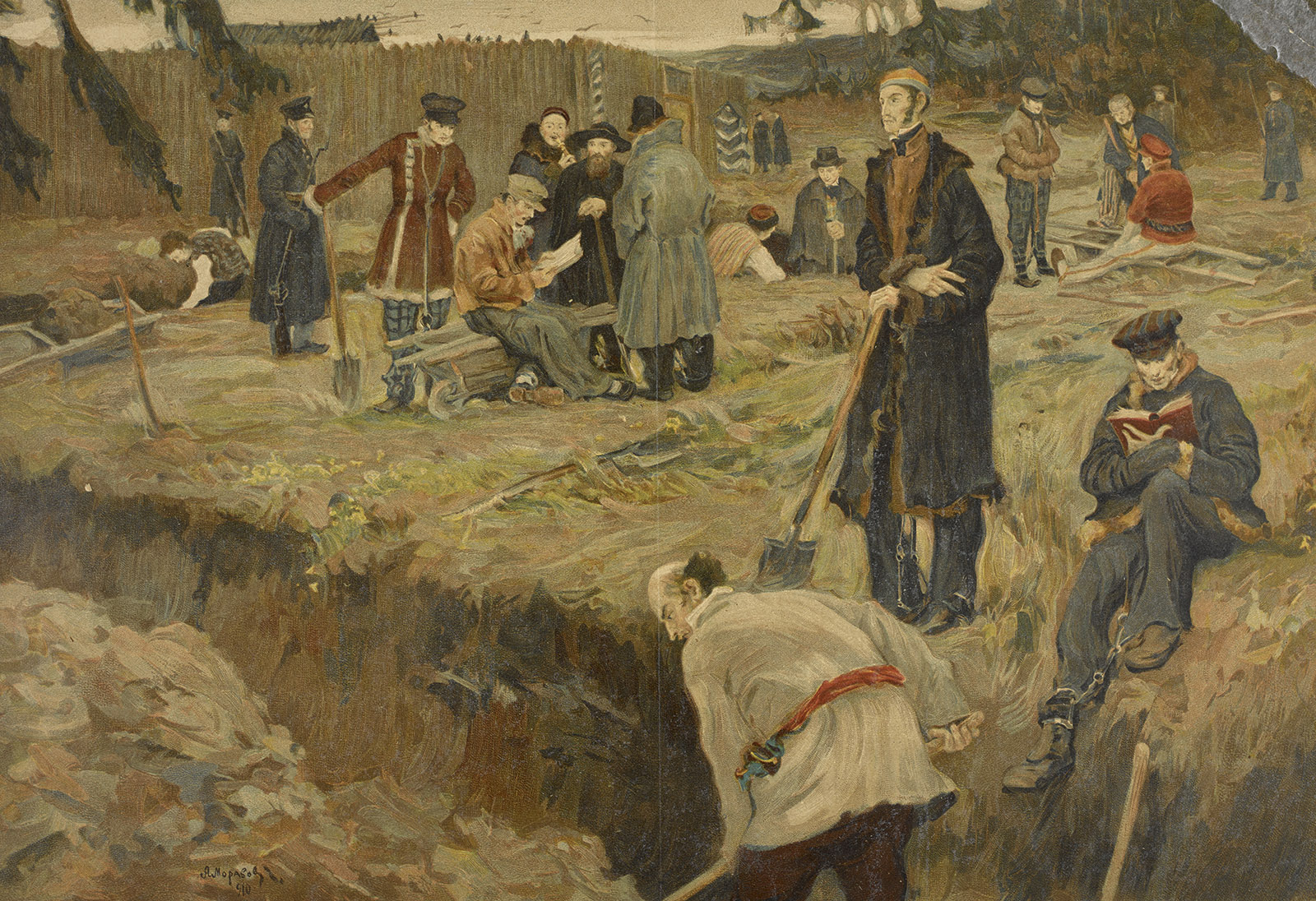 Decembrists in a Siberian prison camp, reproduction of a painting by A.V. Morovov, 1910