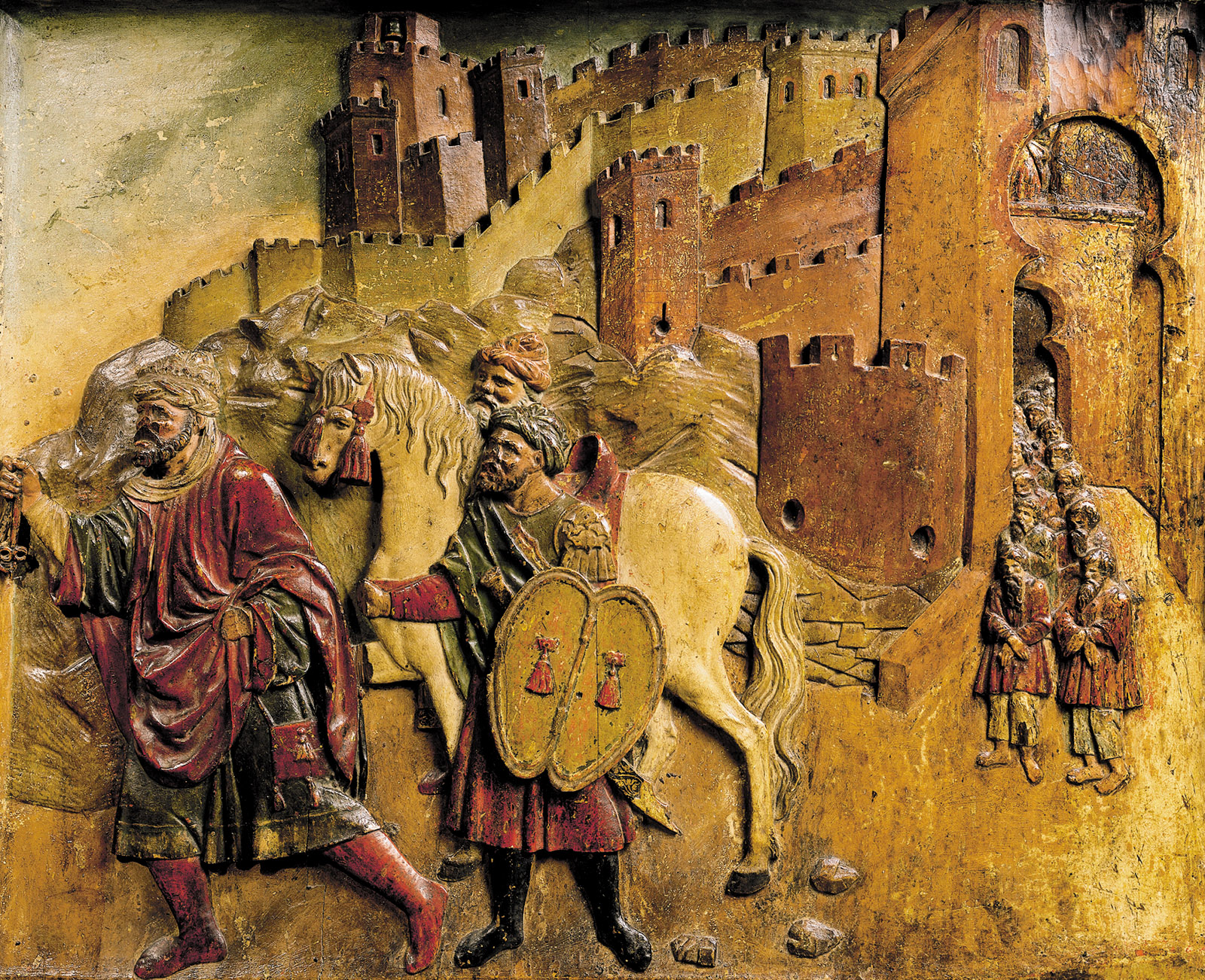 Muhammad XII, also known as Boabdil, the last Muslim ruler of Granada, leaving the city in 1492 after its conquest by Ferdinand and Isabella; detail of an altarpiece in the Royal Chapel of the Cathedral of Granada, sixteenth century
