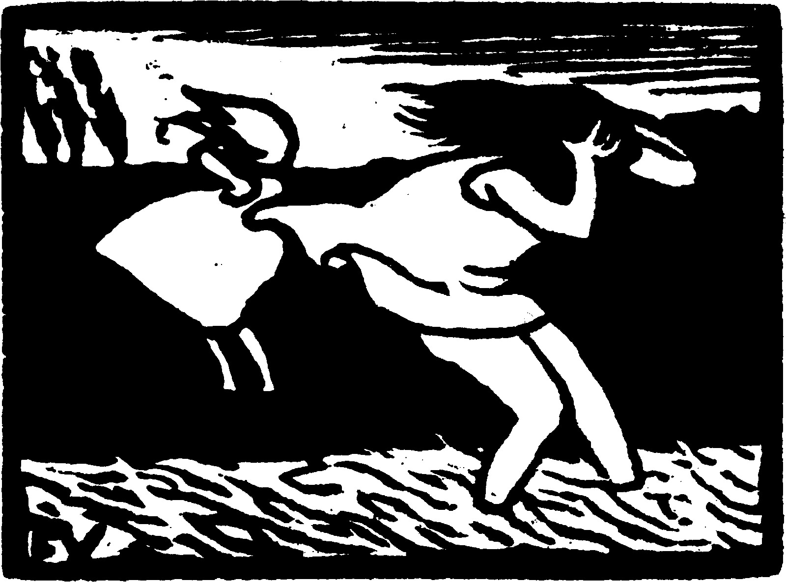 Drawing of two figures blowing in the wind