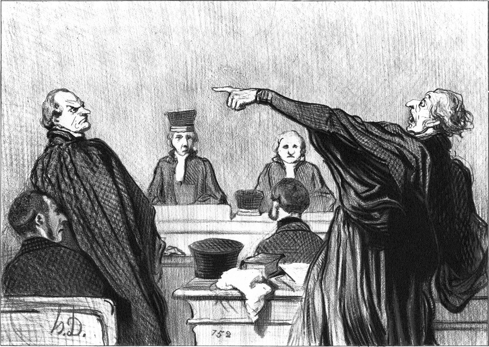 Drawing of a courtroom scene