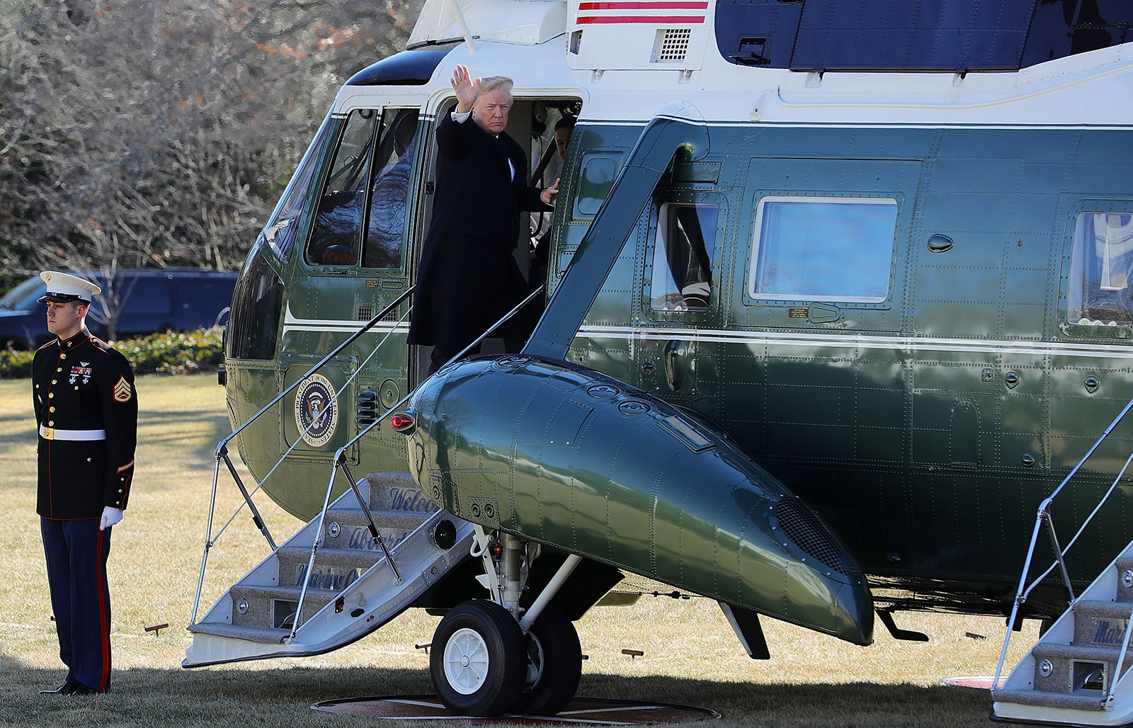 President Donald Trump waving to journalists as he boarded Marine One to leave the White House, Washington, D.C., February 5, 2018