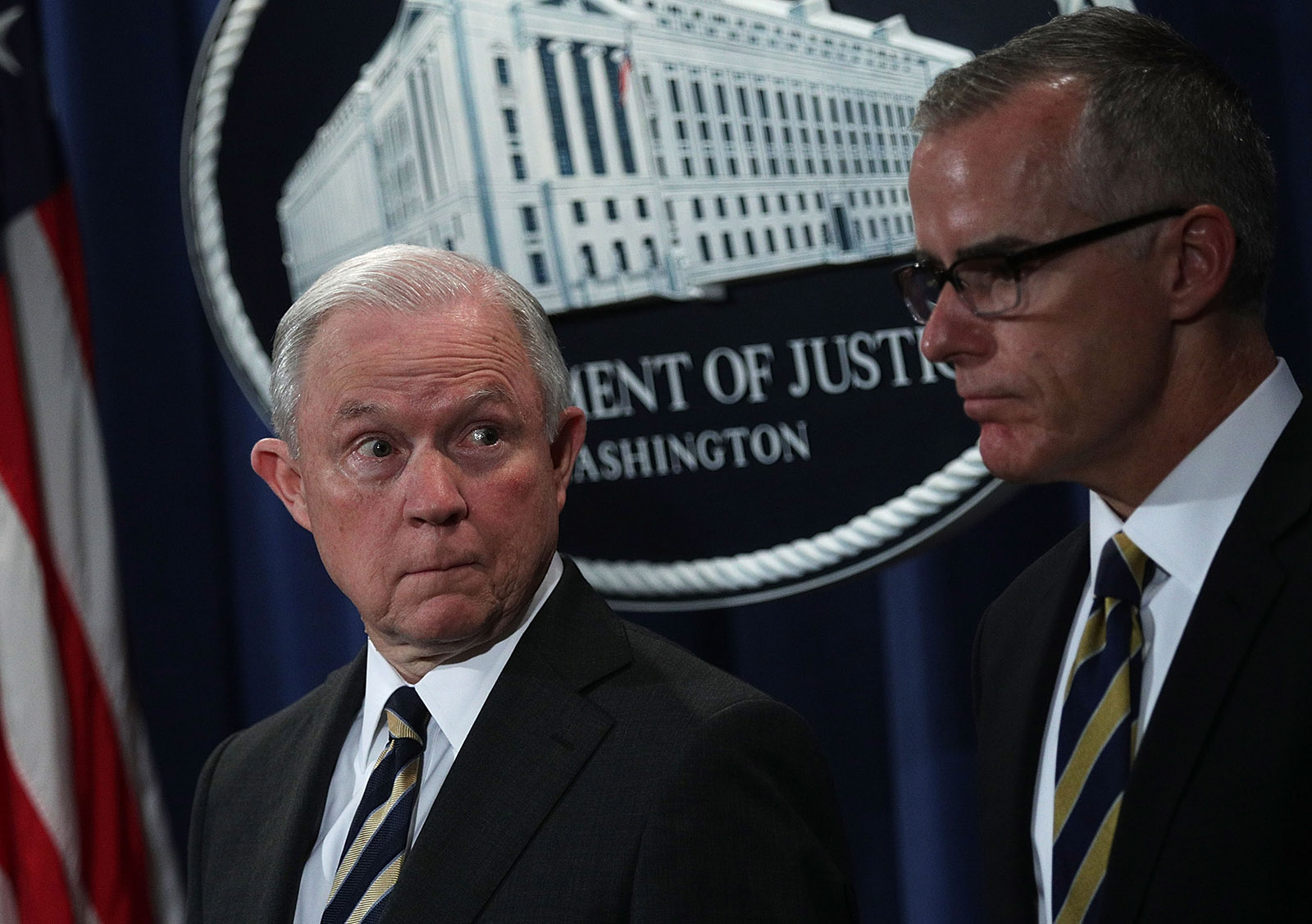 Former Attorney General Jeff Sessions and Acting FBI Director Andrew McCabe during a news conference at the Justice Department, Washington, D.C., July 13, 2017 