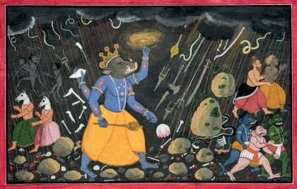 Varaha, the boar avatar of Vishnu, surrounded by illusions created by the demon Hiranyaksha; painting by Manaku from the Bhagavata Purana, circa 1740–1745