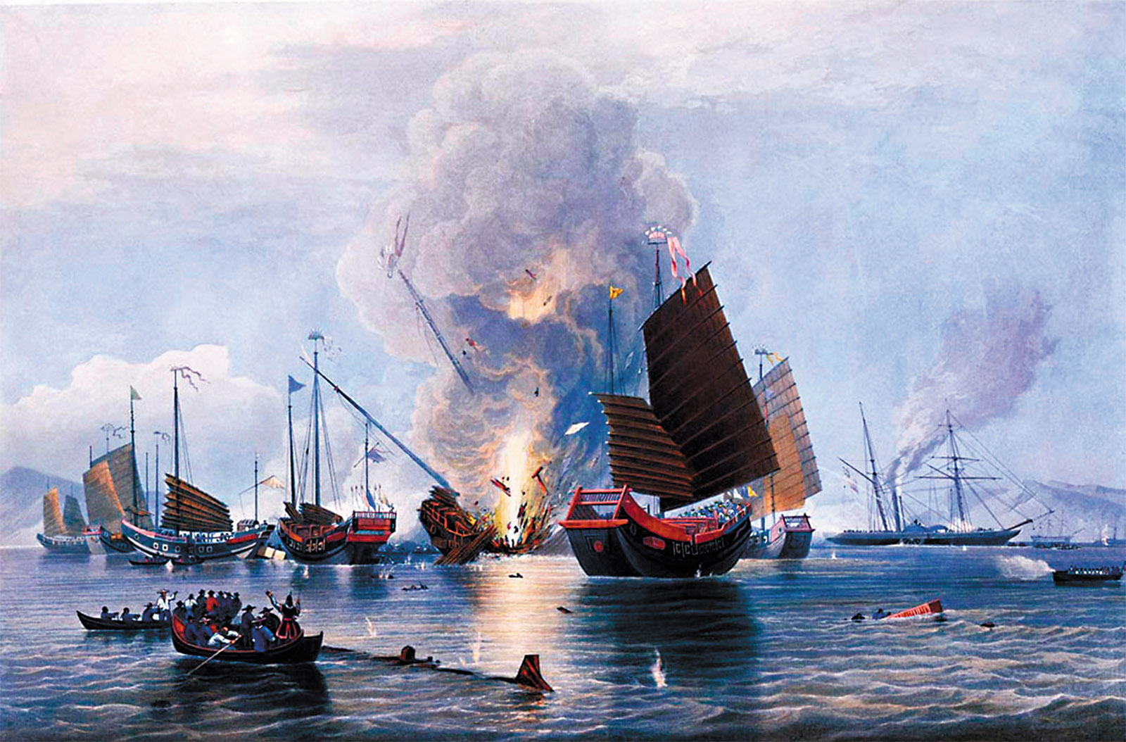 An East India Company steamship destroying Chinese war junks during the Opium War, 1841