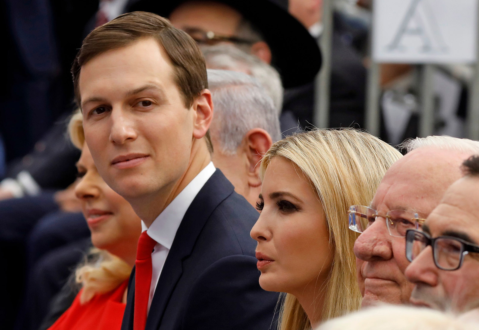 Senior White House Adviser Jared Kushner attending the ceremonial opening of the US embassy in Jerusalem, flanked on his left by his wife, Ivanka Trump, and on his right by Israeli Prime Minister Benjamin Netanyahu, Israel, May 14, 2018
