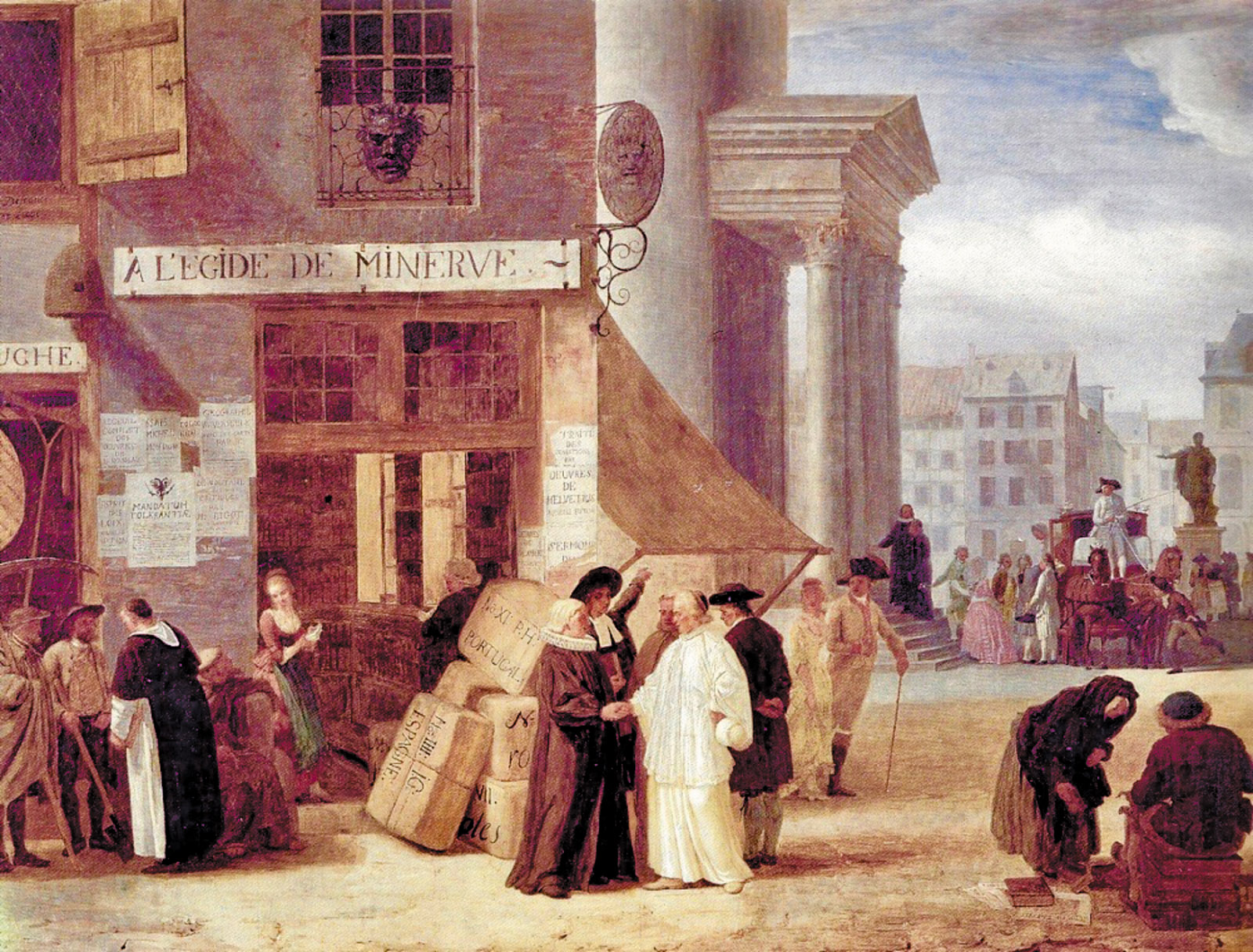 Léonard Defrance de Liège: The Shield of Minerva, 1781. The painting was inspired by the Austrian emperor Joseph II’s 1781 edict of religious tolerance. Announcements of works by Enlightenment philosophers are posted on the walls of the bookstore, while the bundles of books stacked outside for shipment to other countries signify the free diffusion of ideas.