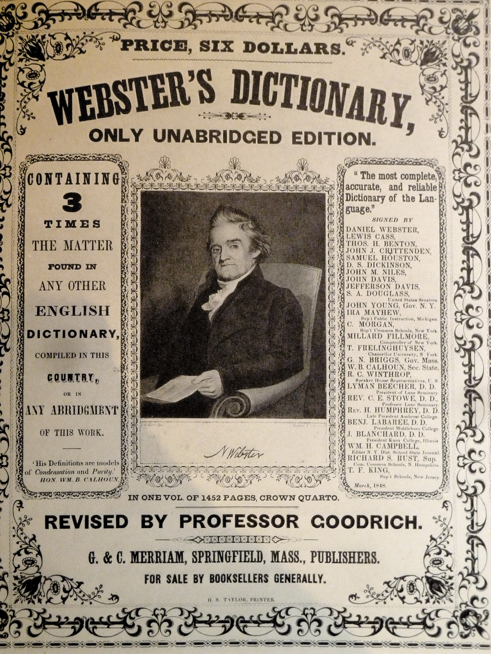 A portrait of Noah Webster in an advertisement for the first Merriam edition of Webster’s dictionary, published in 1847–1848