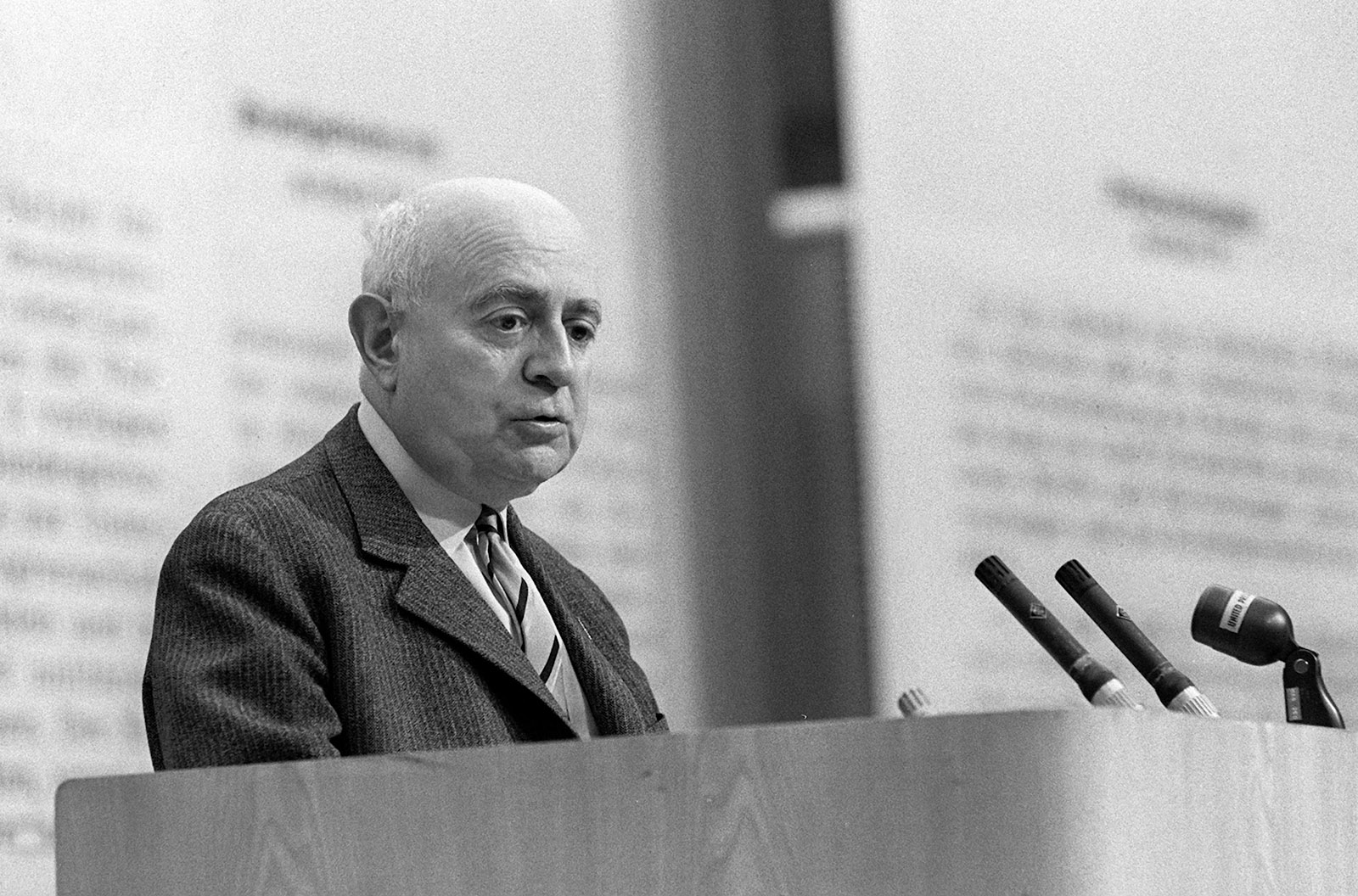 Theodor Adorno addressing an audience of German intellectuals opposed to the Emergency Acts, Frankfurt am Main, West Germany, May 28, 1968