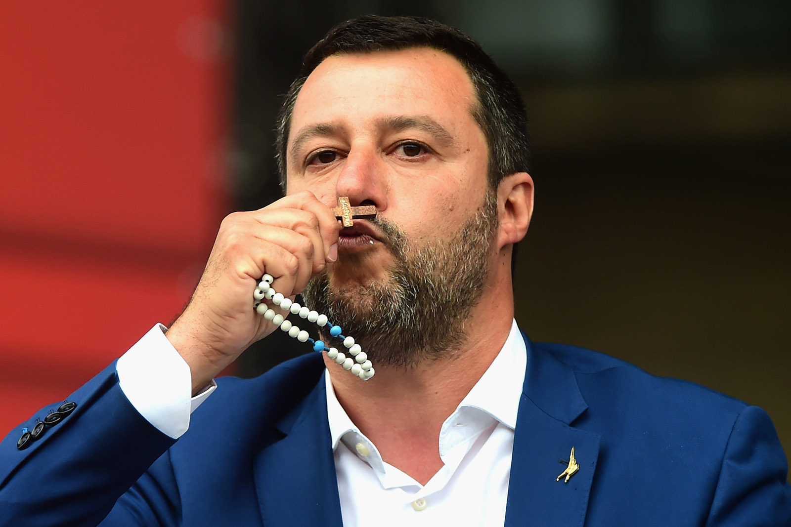 Leader of Italy’s Lega party Matteo Salvini kissing a rosary at a rally before the European elections, Milan, Italy, May 18, 2019
