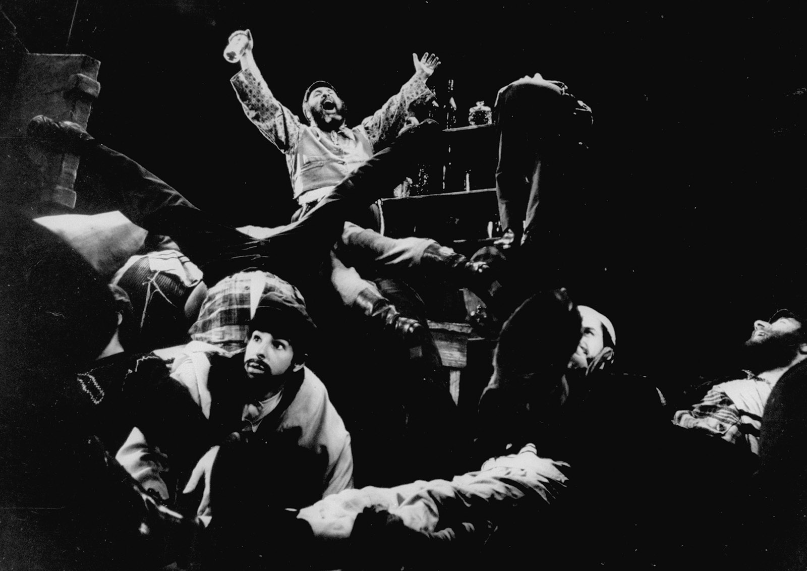 Zero Mostel as Tevye, and other members of the cast, in the original Broadway production of Fiddler on the Roof, New York, 1964