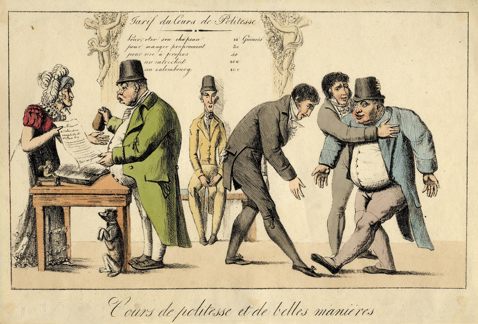 A satirical lithograph of Englishmen learning to bow in an etiquette course taught by the French, 1817