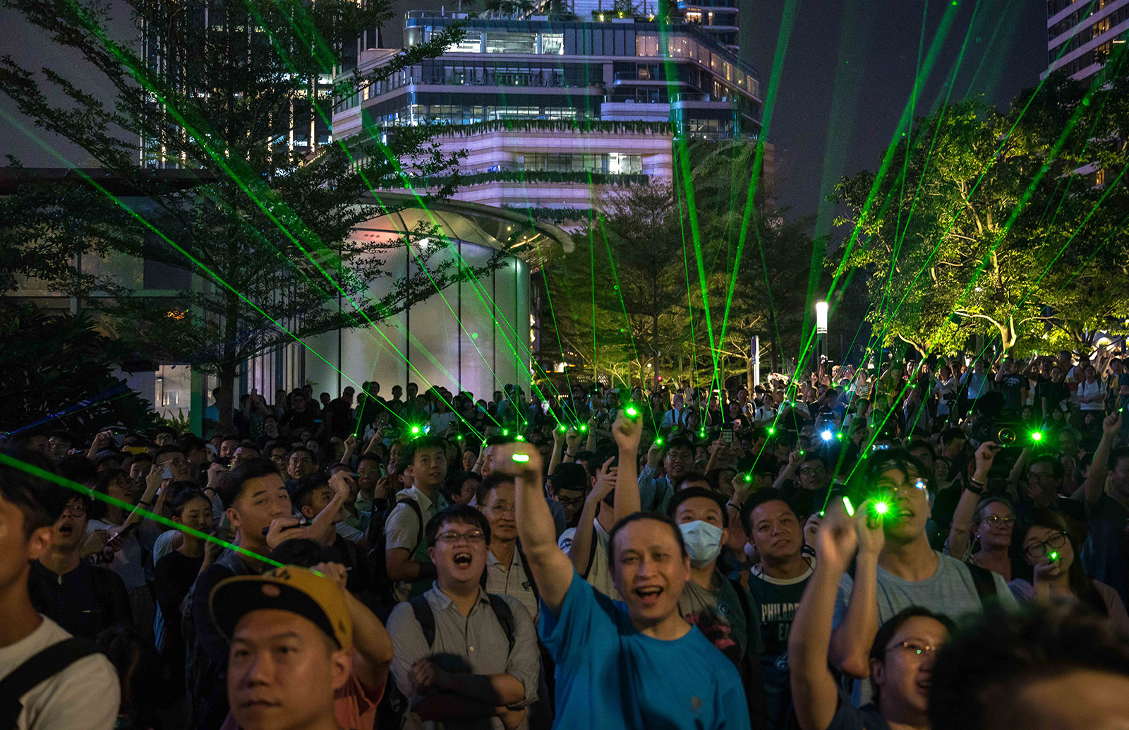 Laser pointers being used by protesters in Hong Kong in an effort to defeat surveillance cameras and facial recognition software used by the authorities, China, August 7, 2019