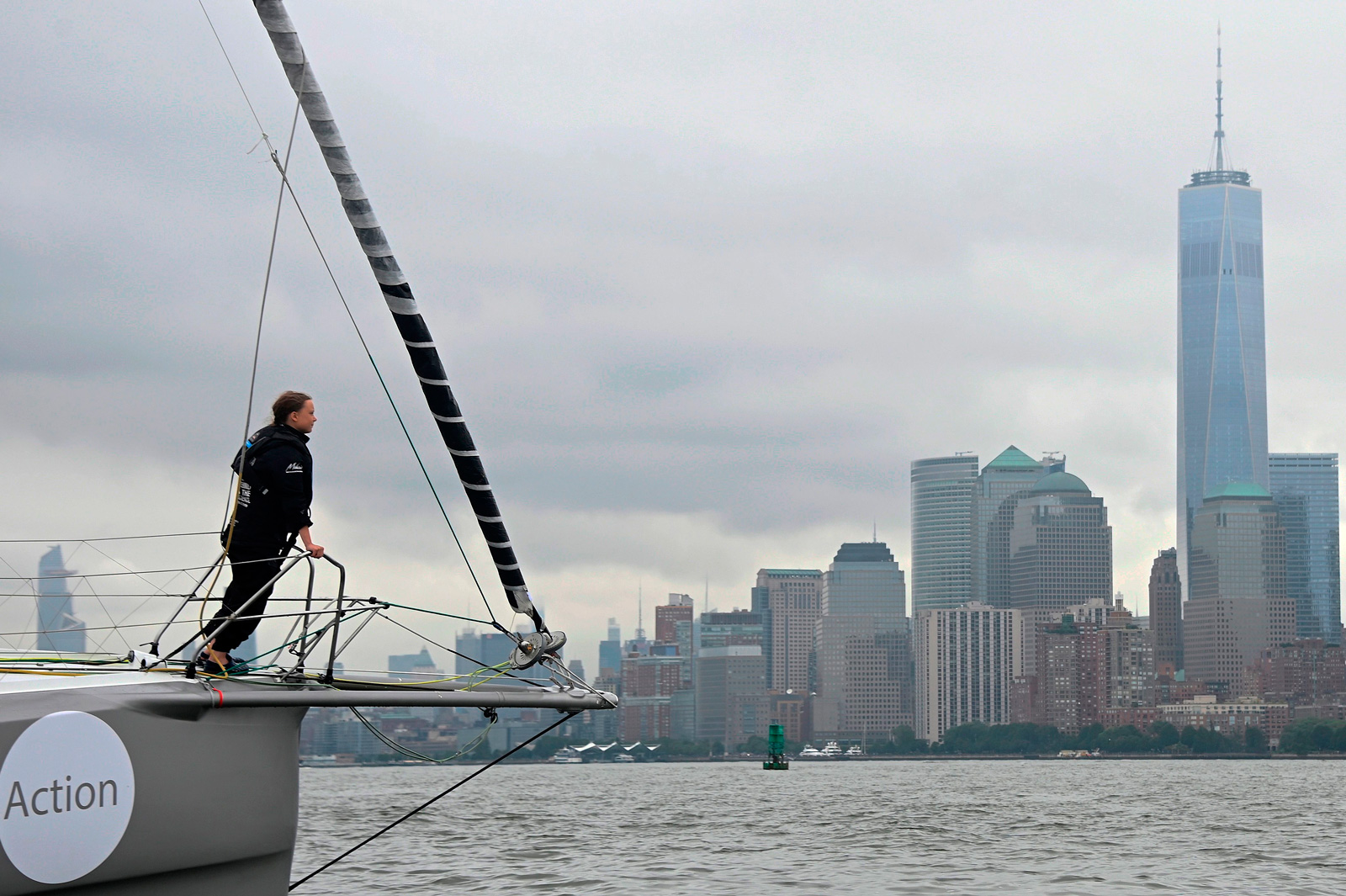 Swedish climate activist Greta Thunberg arriving to New York City after a fifteen-day journey crossing the Atlantic aboard the Malizia II, a zero-carbon yacht, August 28, 2019 
