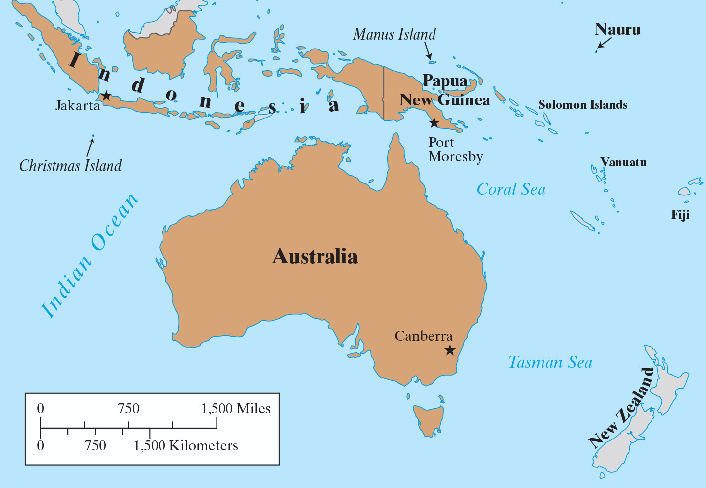 Map of Australia with Indonesia, Papua New Guinea and New Zealand