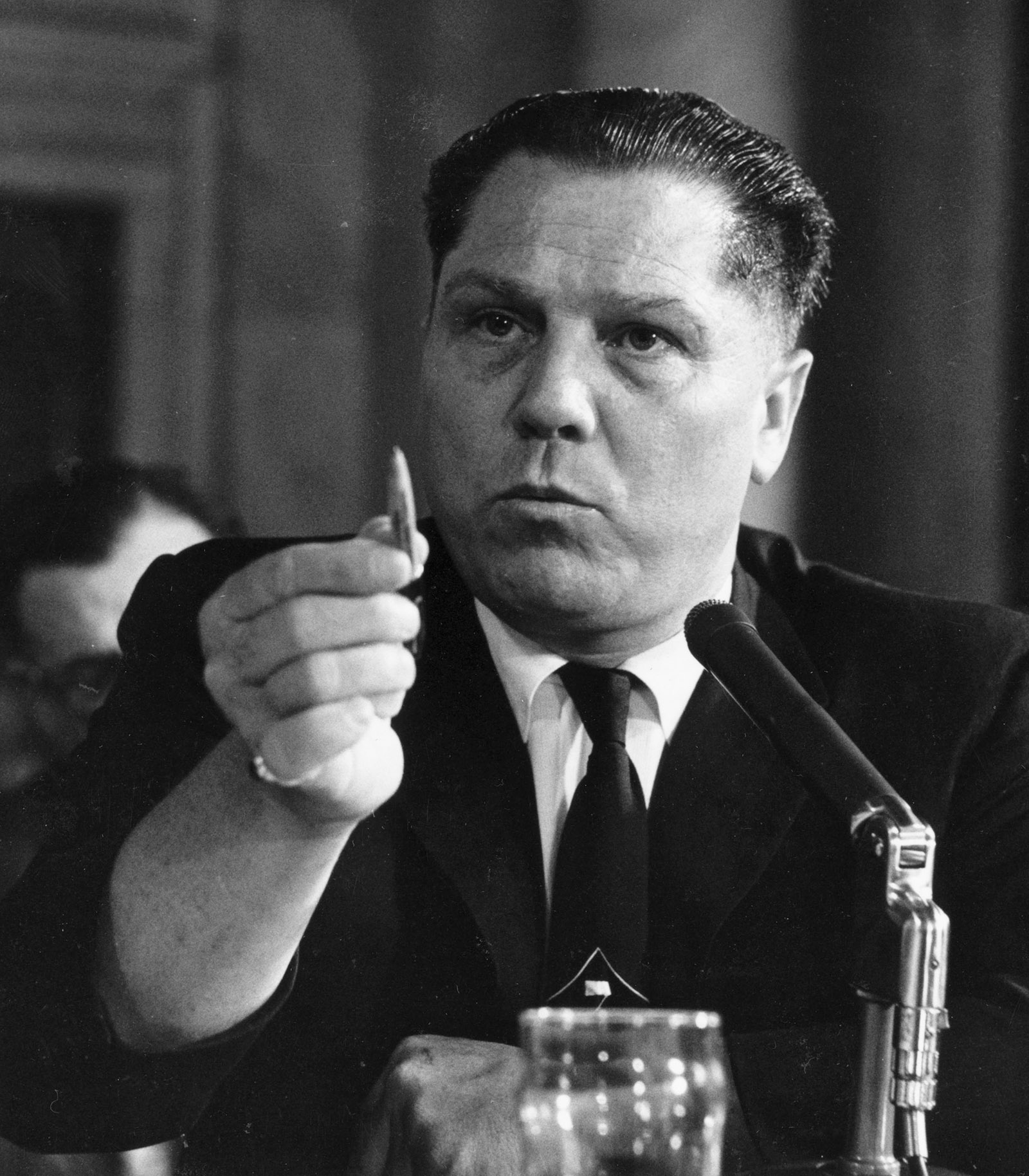Teamsters Union President Jimmy Hoffa testifying at a Senate hearing on labor racketeering, Washington, D.C., August 11, 1958