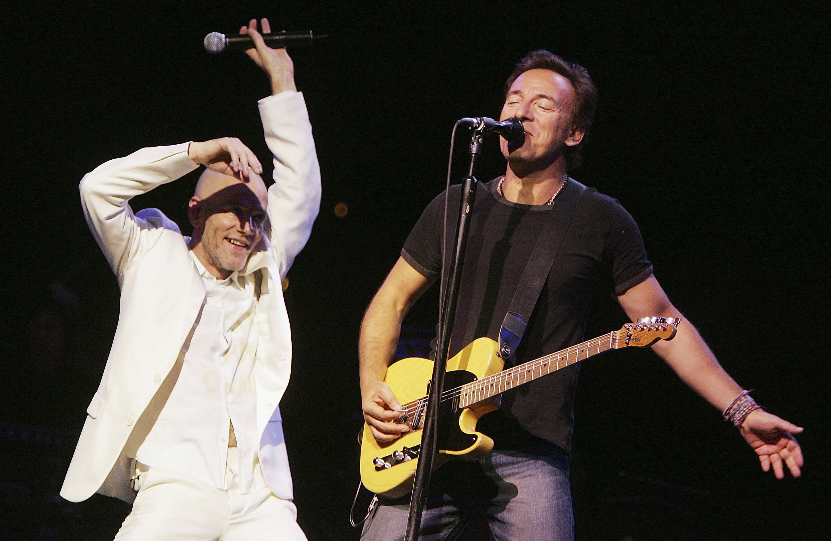 Michael Stipe of REM and Bruce Springsteen performing at the “Vote For Change” concert at the Wachovia Center, Philadelphia, October 1, 2004