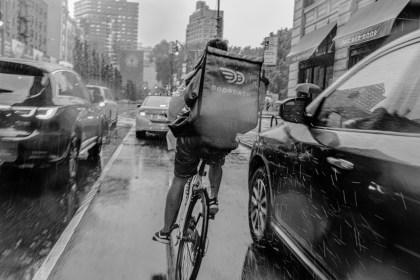 Diego Rodriguez, twenty-three, delivering a food order to a customer in Manhattan, September 2, 2019