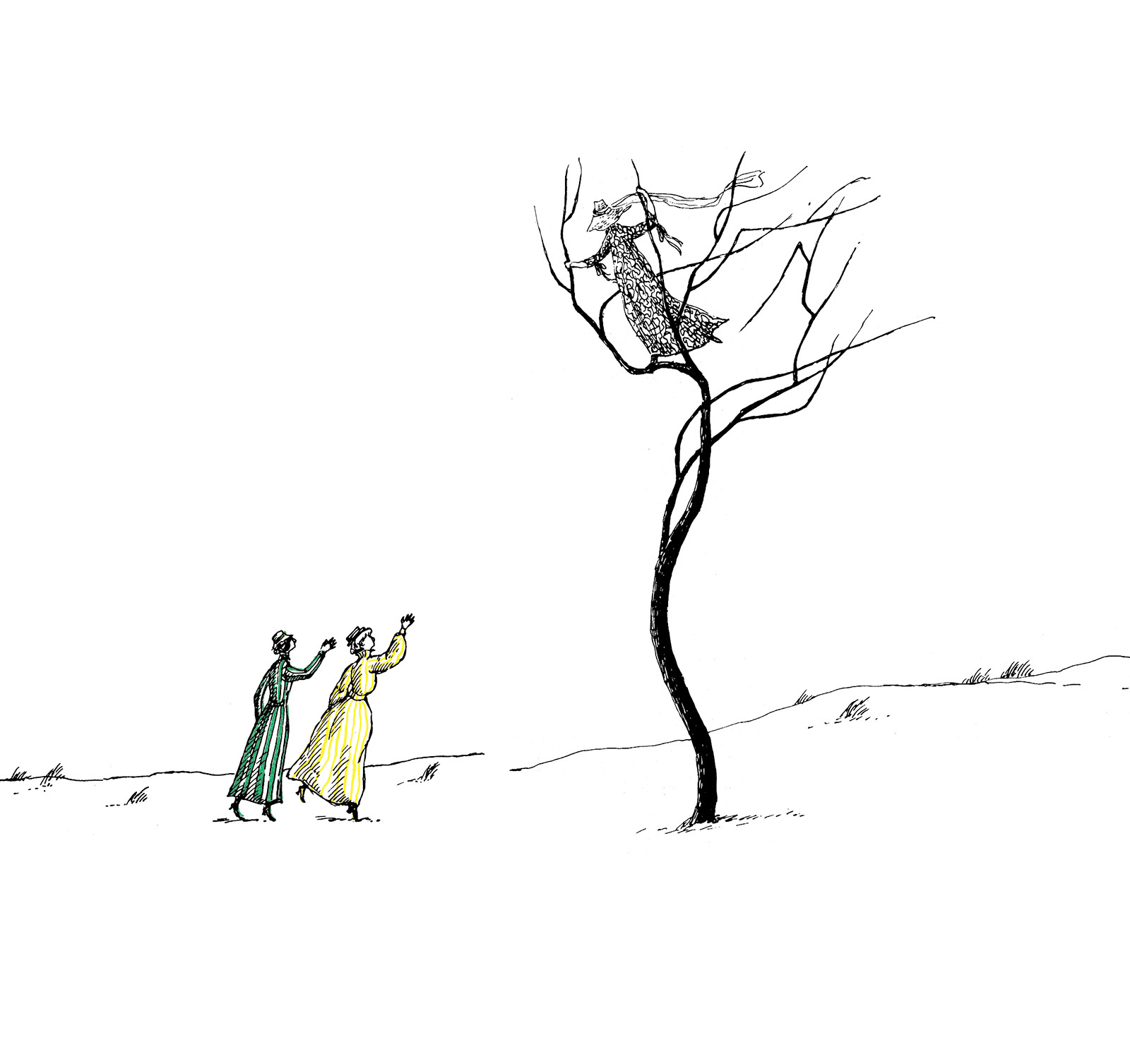 Drawing of a woman caught in a tree