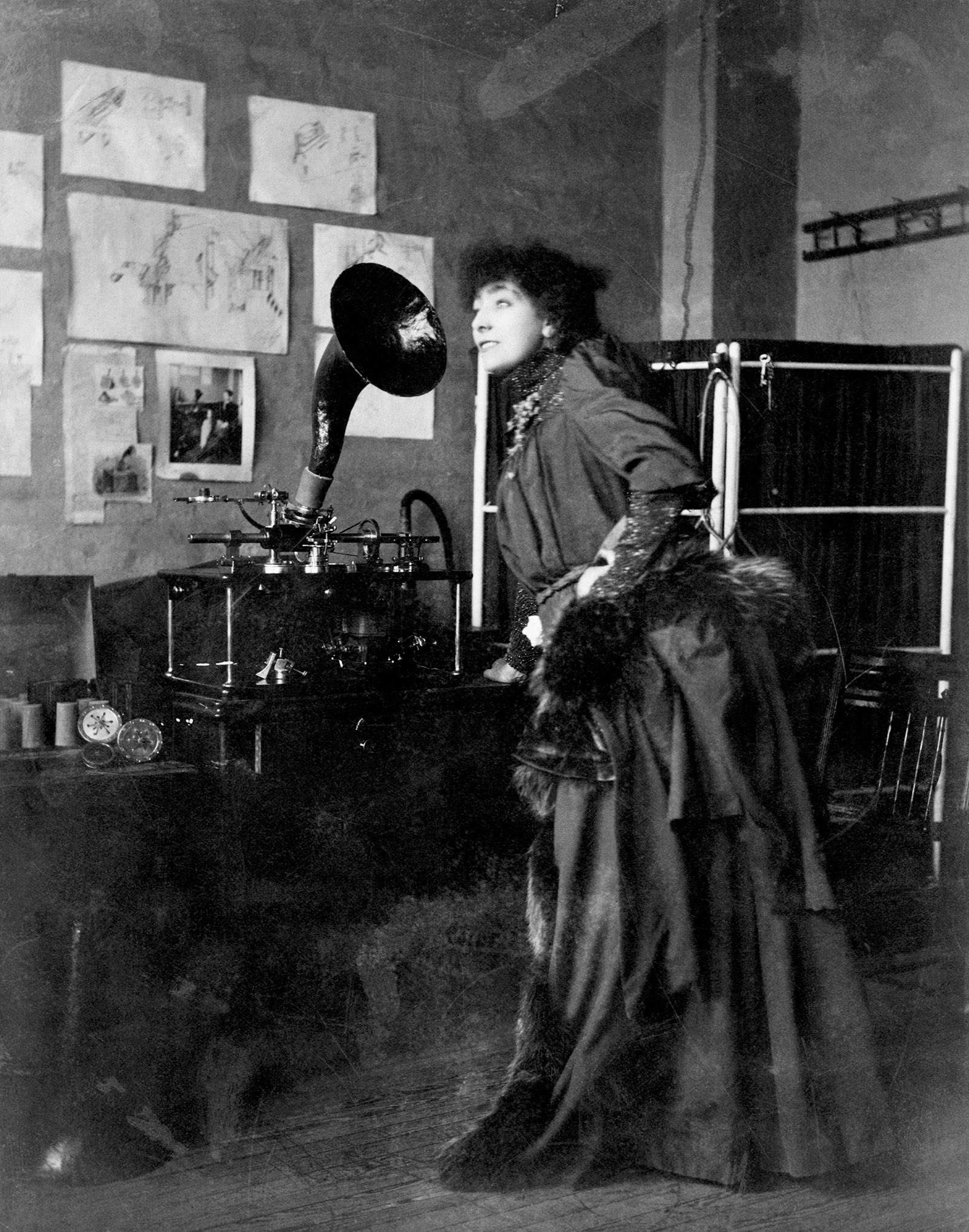 Sarah Bernhardt listening to a recording of her voice, early 1890s